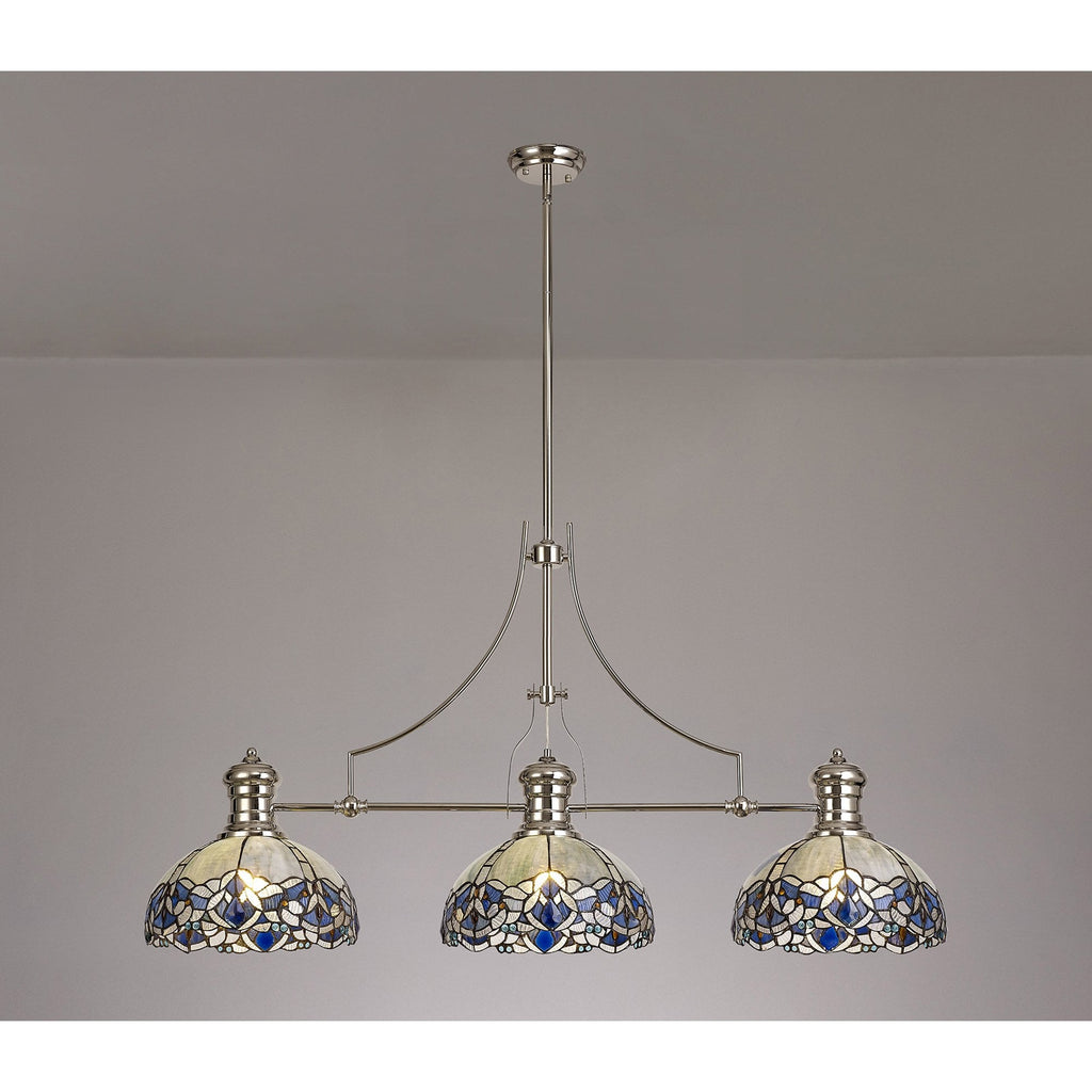 NLK04889 Louis/Ossie 3 Light Telescopic Pendant With 30cm Tiffany Shade Polished Nickel/Blue/Clear Crystal