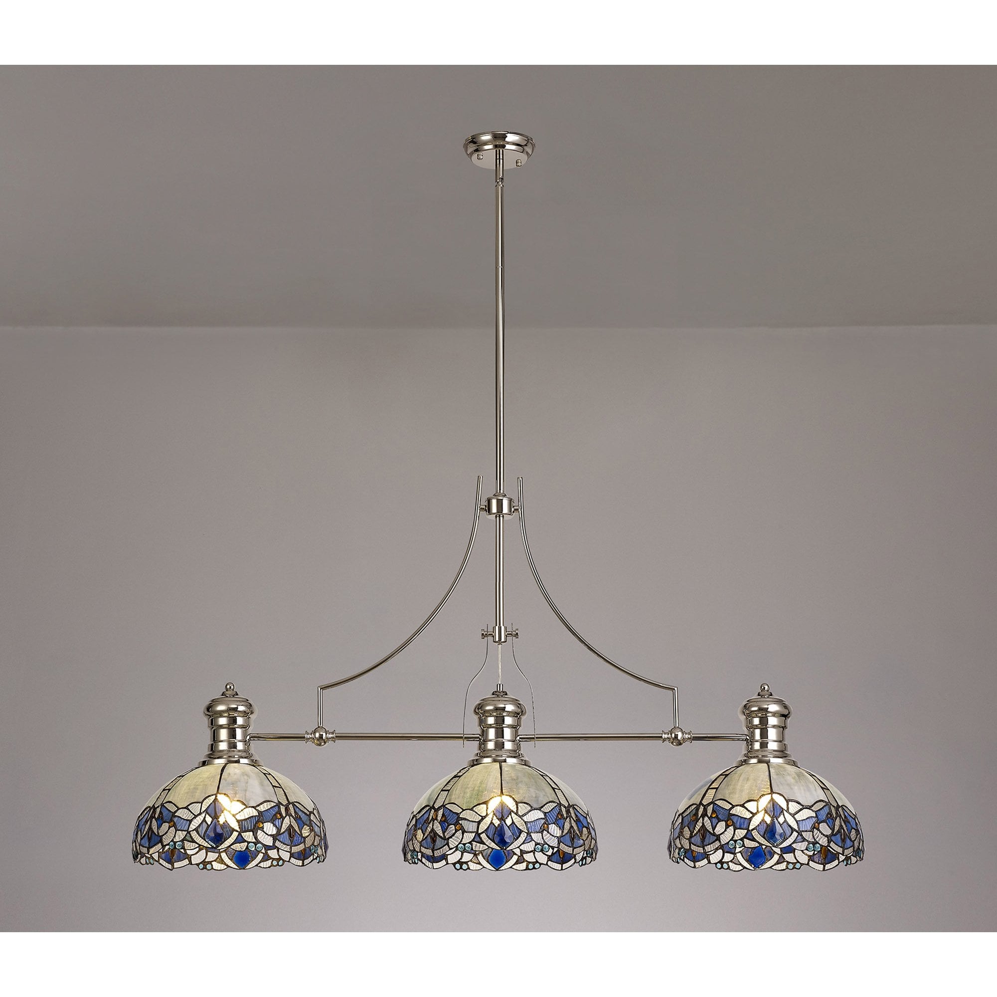 NLK04889 Louis/Ossie 3 Light Telescopic Pendant With 30cm Tiffany Shade Polished Nickel/Blue/Clear Crystal