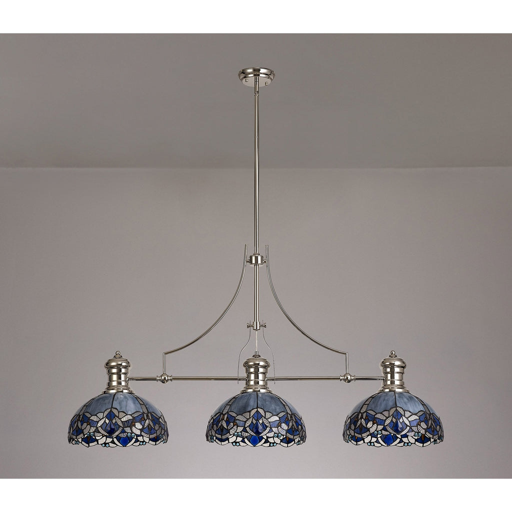 NLK04889 Louis/Ossie 3 Light Telescopic Pendant With 30cm Tiffany Shade Polished Nickel/Blue/Clear Crystal