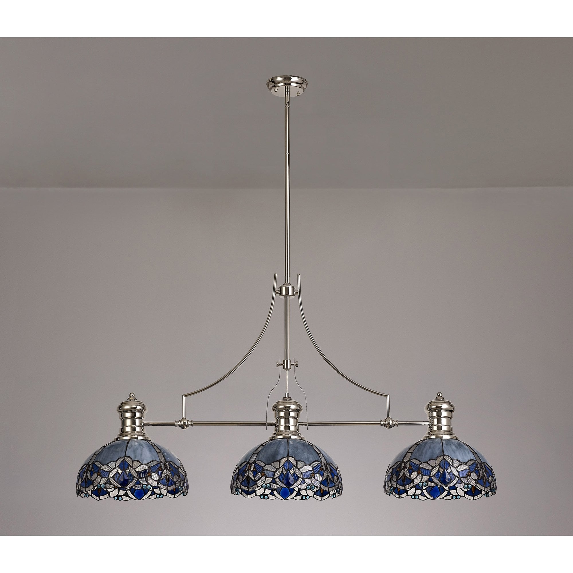 NLK04889 Louis/Ossie 3 Light Telescopic Pendant With 30cm Tiffany Shade Polished Nickel/Blue/Clear Crystal