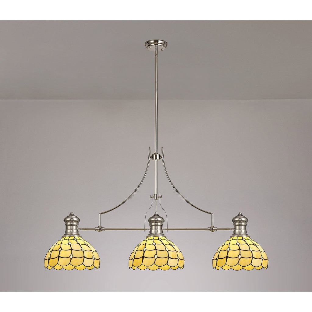 NLK04899 Louis/Chrisy 3 Light Telescopic Pendant With 30cm Tiffany Shade Polished Nickel/Beige/Clear Crystal