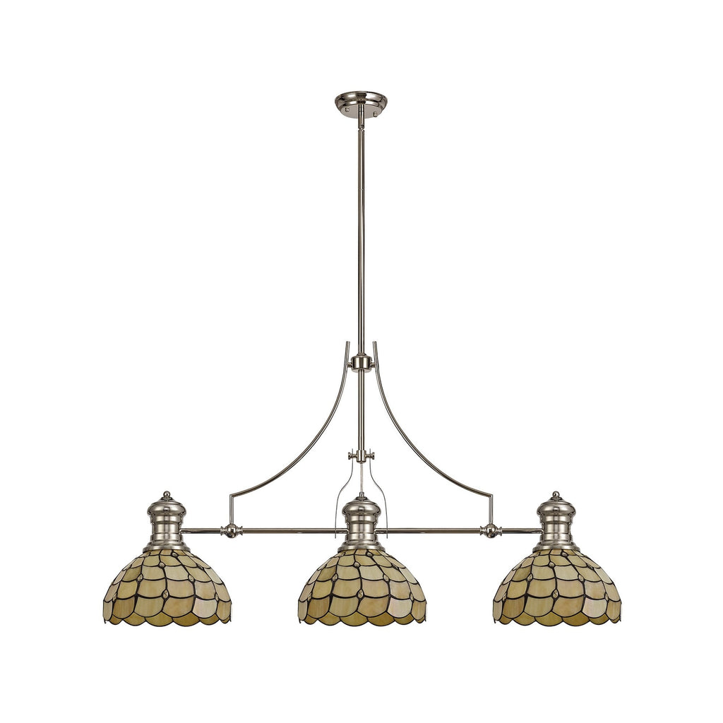 NLK04899 Louis/Chrisy 3 Light Telescopic Pendant With 30cm Tiffany Shade Polished Nickel/Beige/Clear Crystal