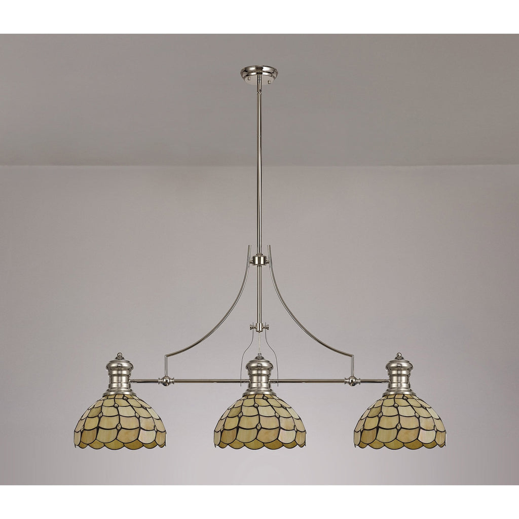 NLK04899 Louis/Chrisy 3 Light Telescopic Pendant With 30cm Tiffany Shade Polished Nickel/Beige/Clear Crystal
