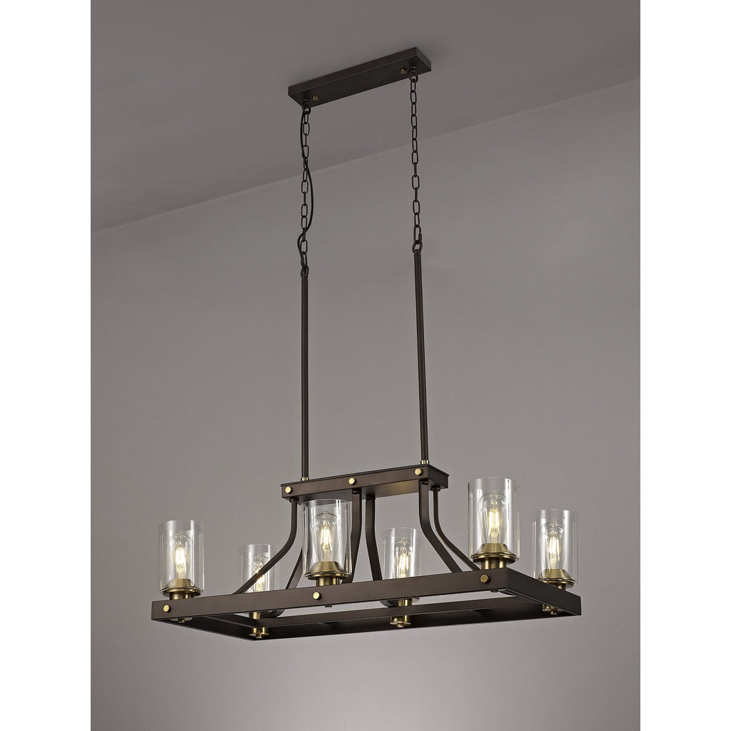 NL75539 Malcom Linear Pendant 6 Light Brown Oxide/Bronze With Clear Glass Shades