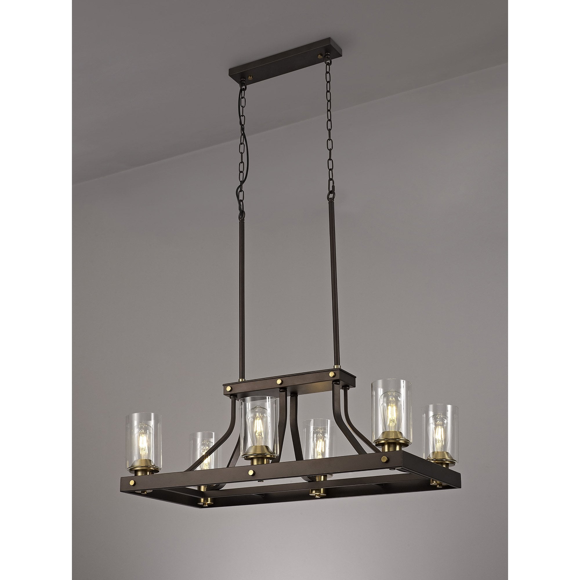 NL75539 Malcom Linear Pendant 6 Light Brown Oxide/Bronze With Clear Glass Shades
