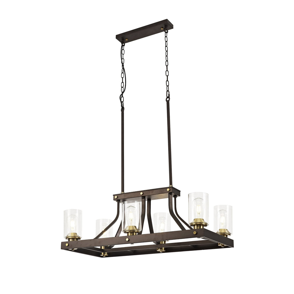 NL75539 Malcom Linear Pendant 6 Light Brown Oxide/Bronze With Clear Glass Shades