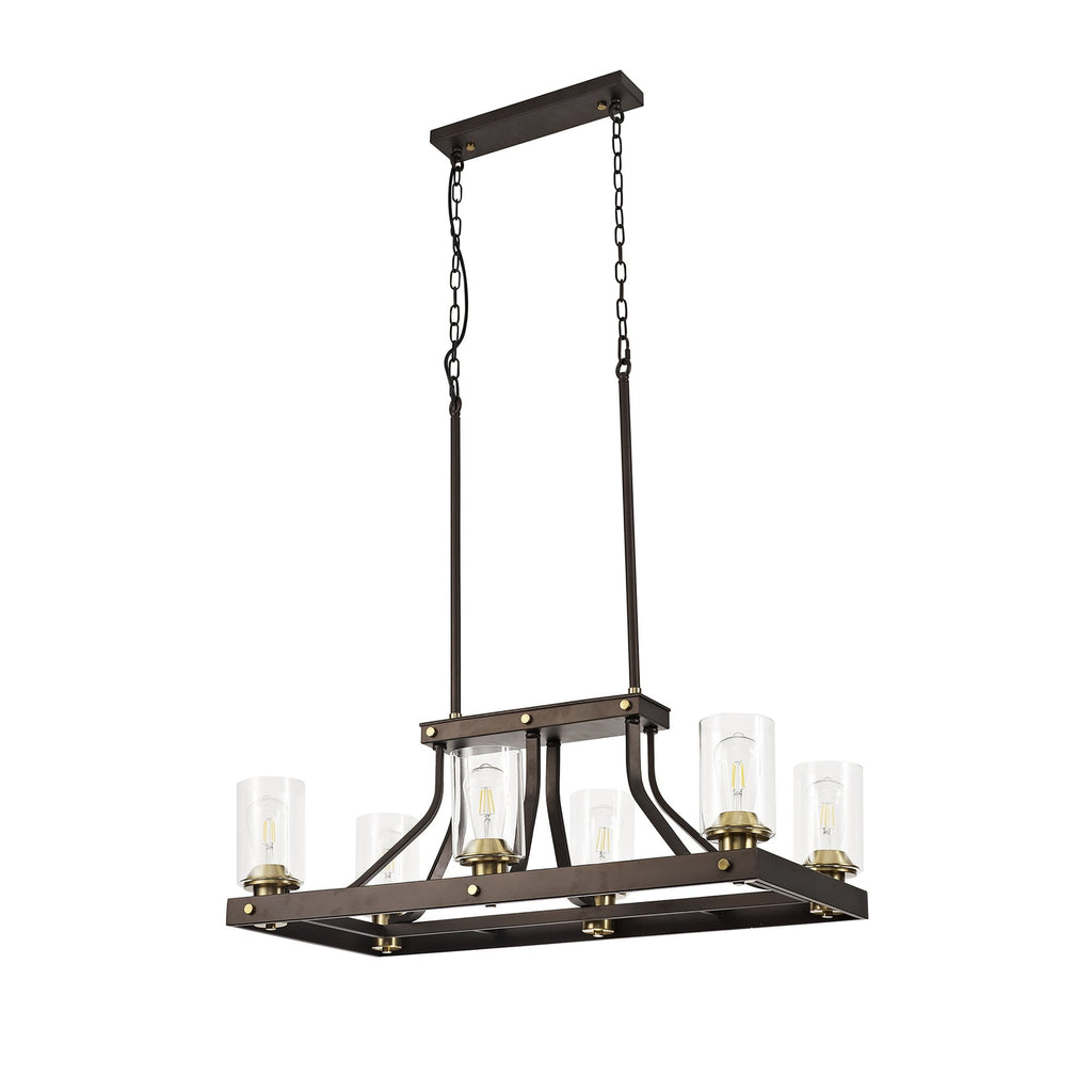 NL75539 Malcom Linear Pendant 6 Light Brown Oxide/Bronze With Clear Glass Shades
