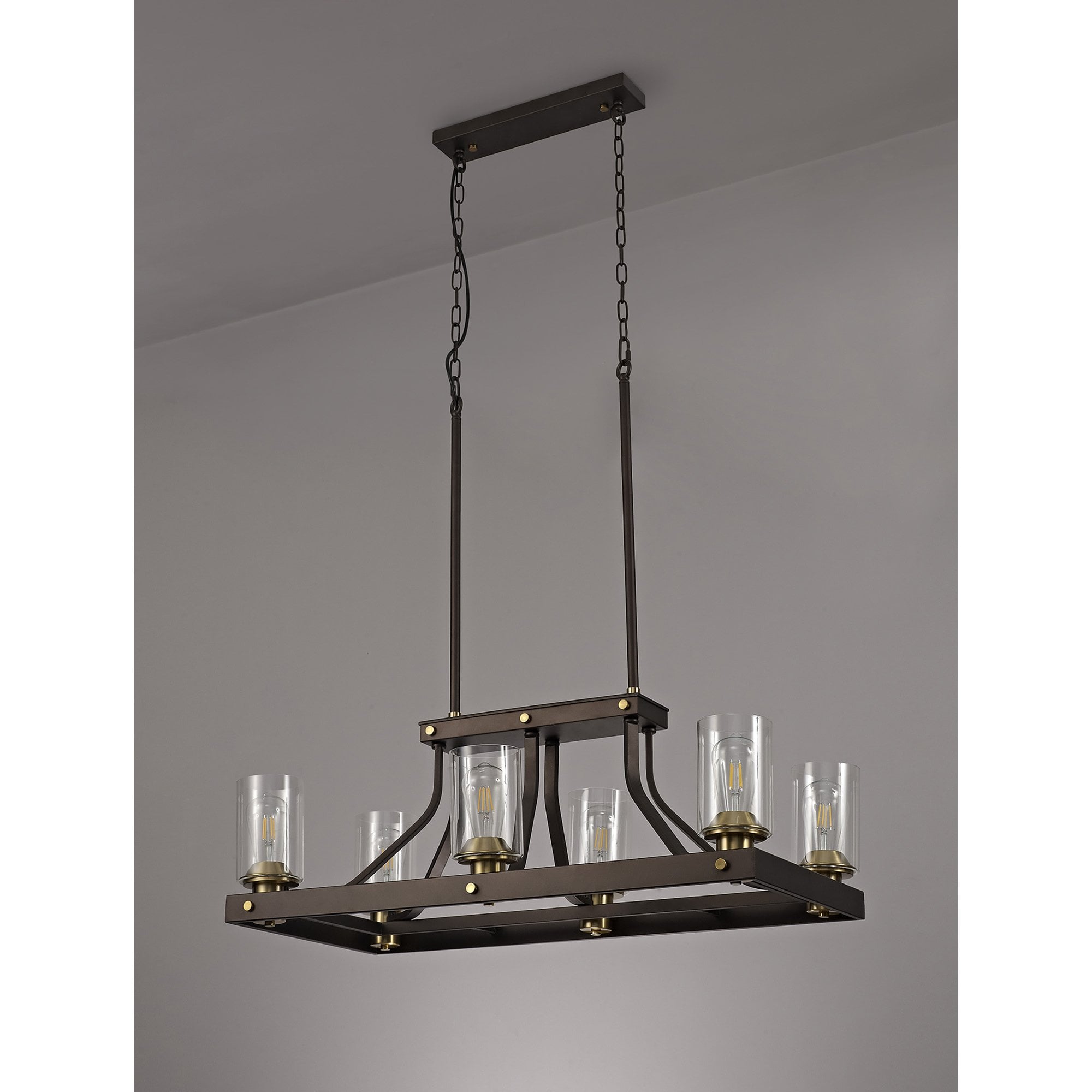 NL75539 Malcom Linear Pendant 6 Light Brown Oxide/Bronze With Clear Glass Shades