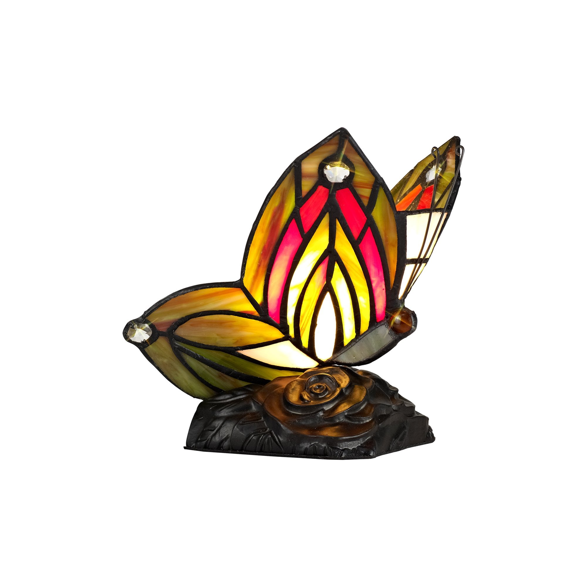 NL72999 Monty Tiffany Butterfly Table Lamp 1 Light Black Base With Green/Red Glass With Clear Crystal