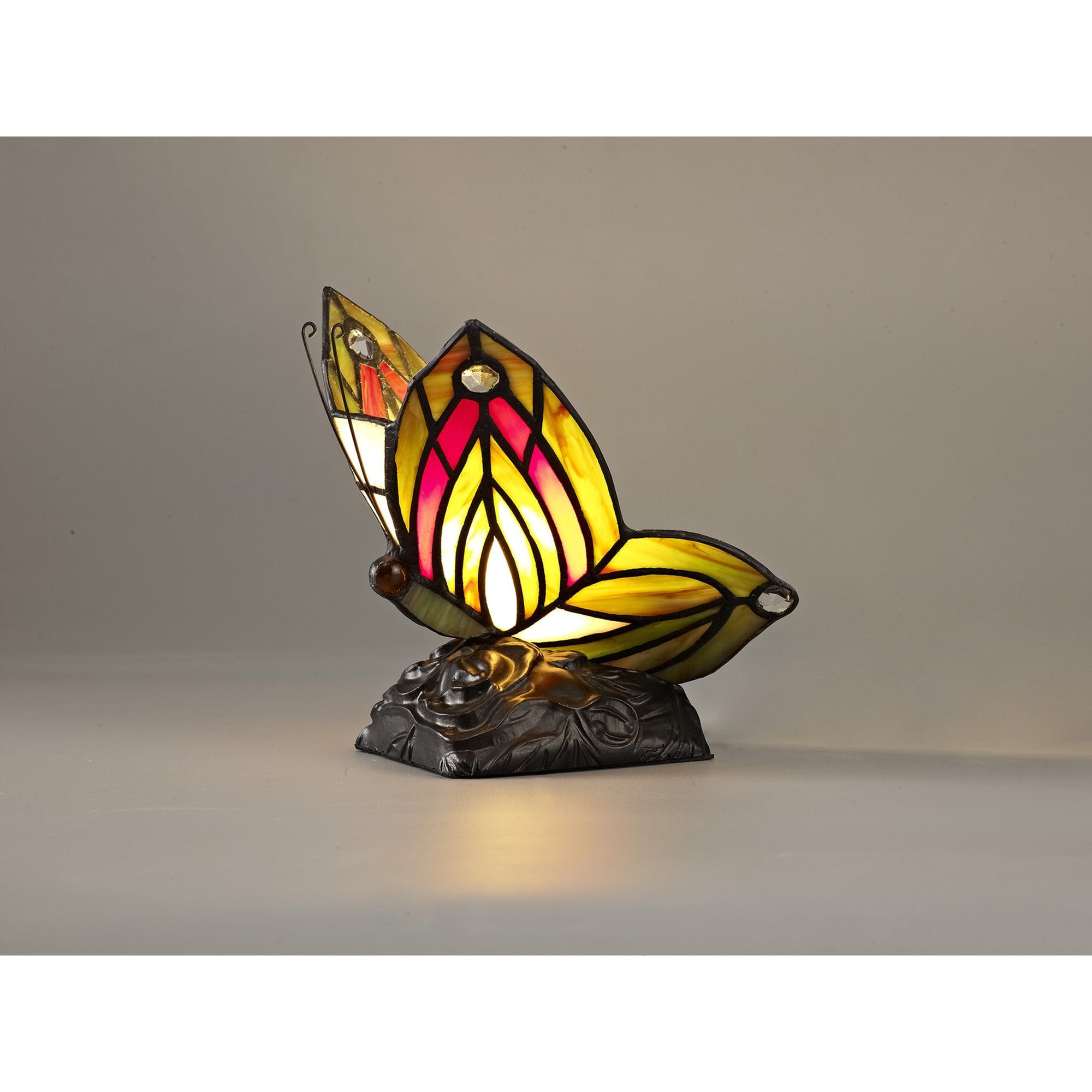 NL72999 Monty Tiffany Butterfly Table Lamp 1 Light Black Base With Green/Red Glass With Clear Crystal