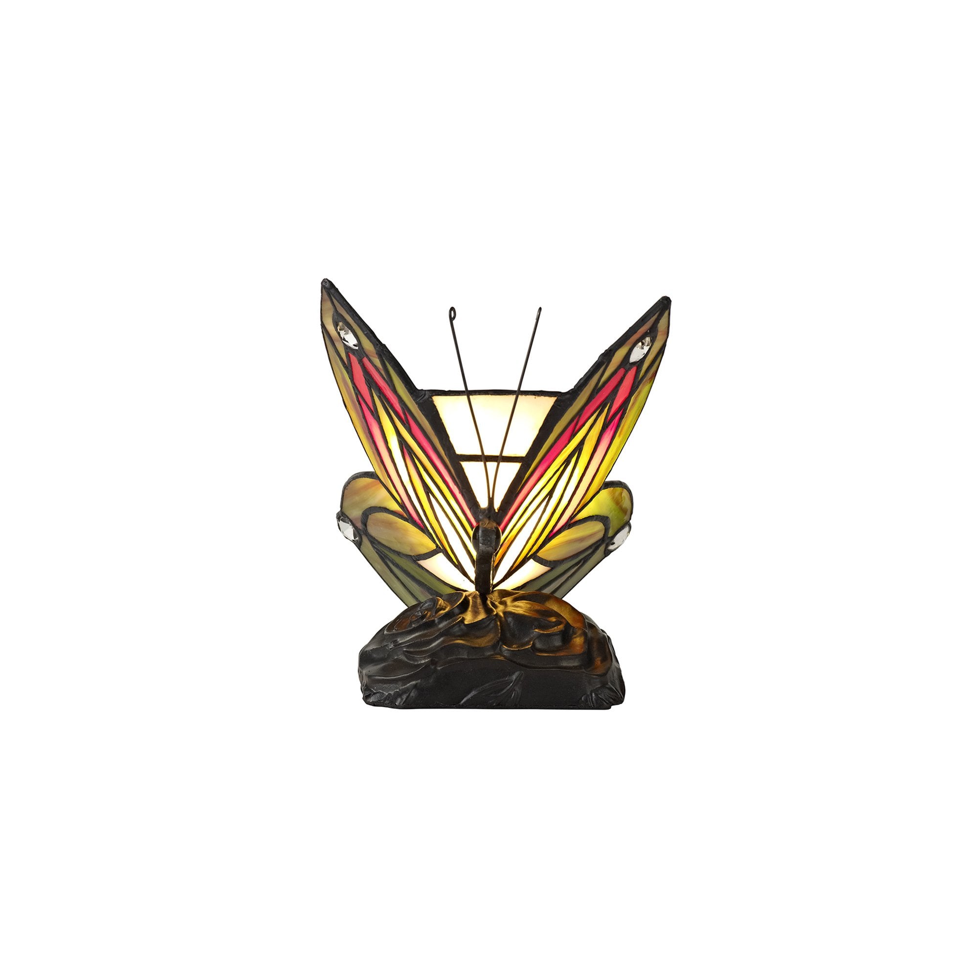 NL72999 Monty Tiffany Butterfly Table Lamp 1 Light Black Base With Green/Red Glass With Clear Crystal