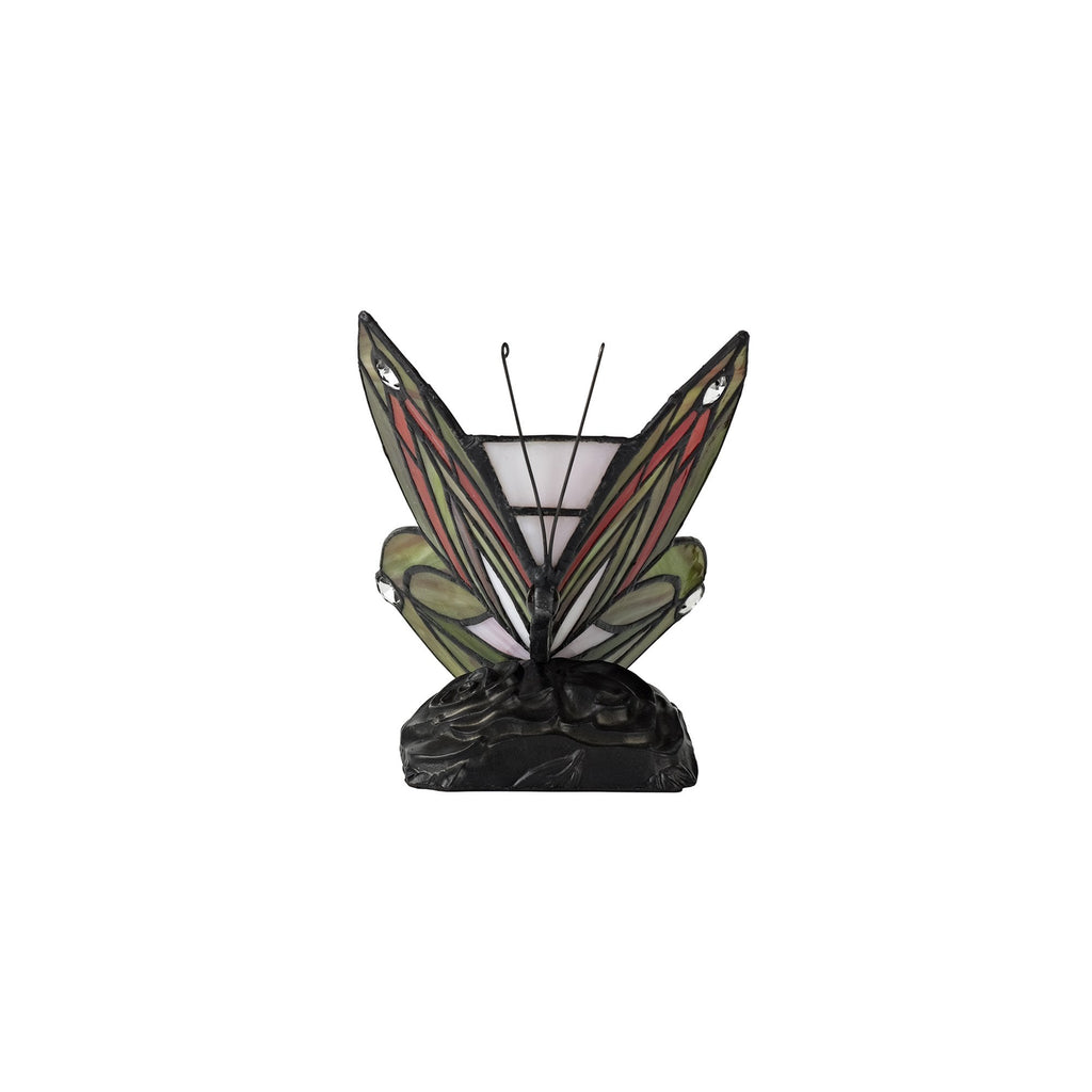 NL72999 Monty Tiffany Butterfly Table Lamp 1 Light Black Base With Green/Red Glass With Clear Crystal