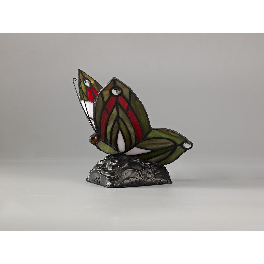 NL72999 Monty Tiffany Butterfly Table Lamp 1 Light Black Base With Green/Red Glass With Clear Crystal