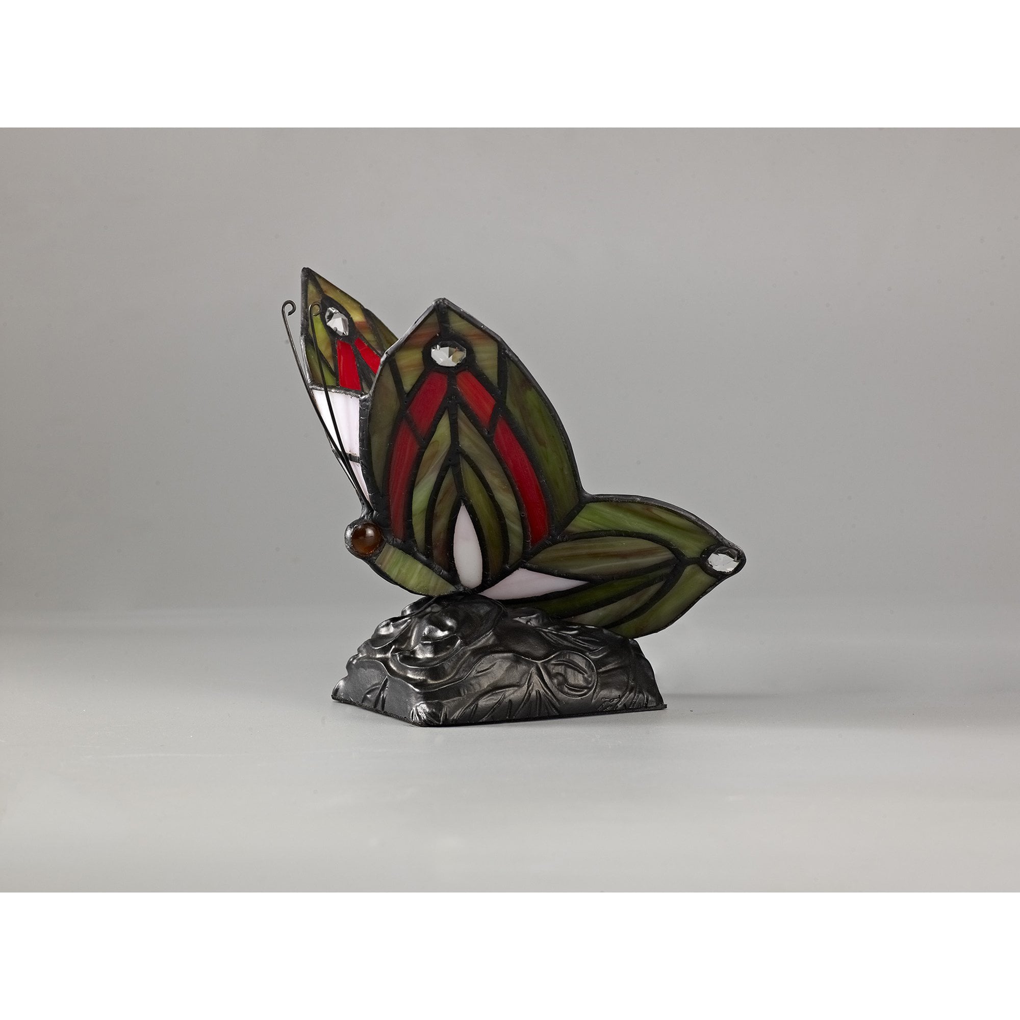 NL72999 Monty Tiffany Butterfly Table Lamp 1 Light Black Base With Green/Red Glass With Clear Crystal