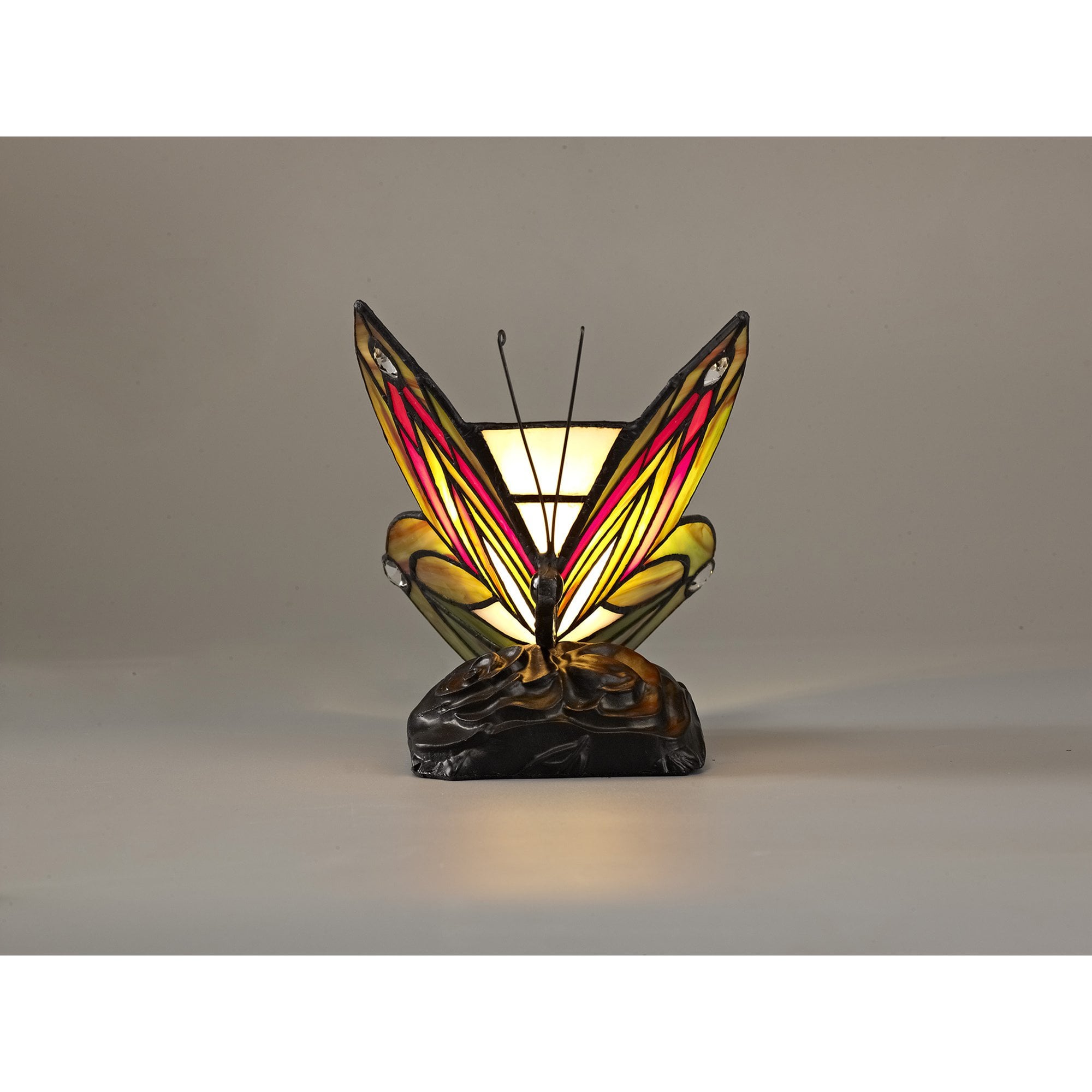 NL72999 Monty Tiffany Butterfly Table Lamp 1 Light Black Base With Green/Red Glass With Clear Crystal