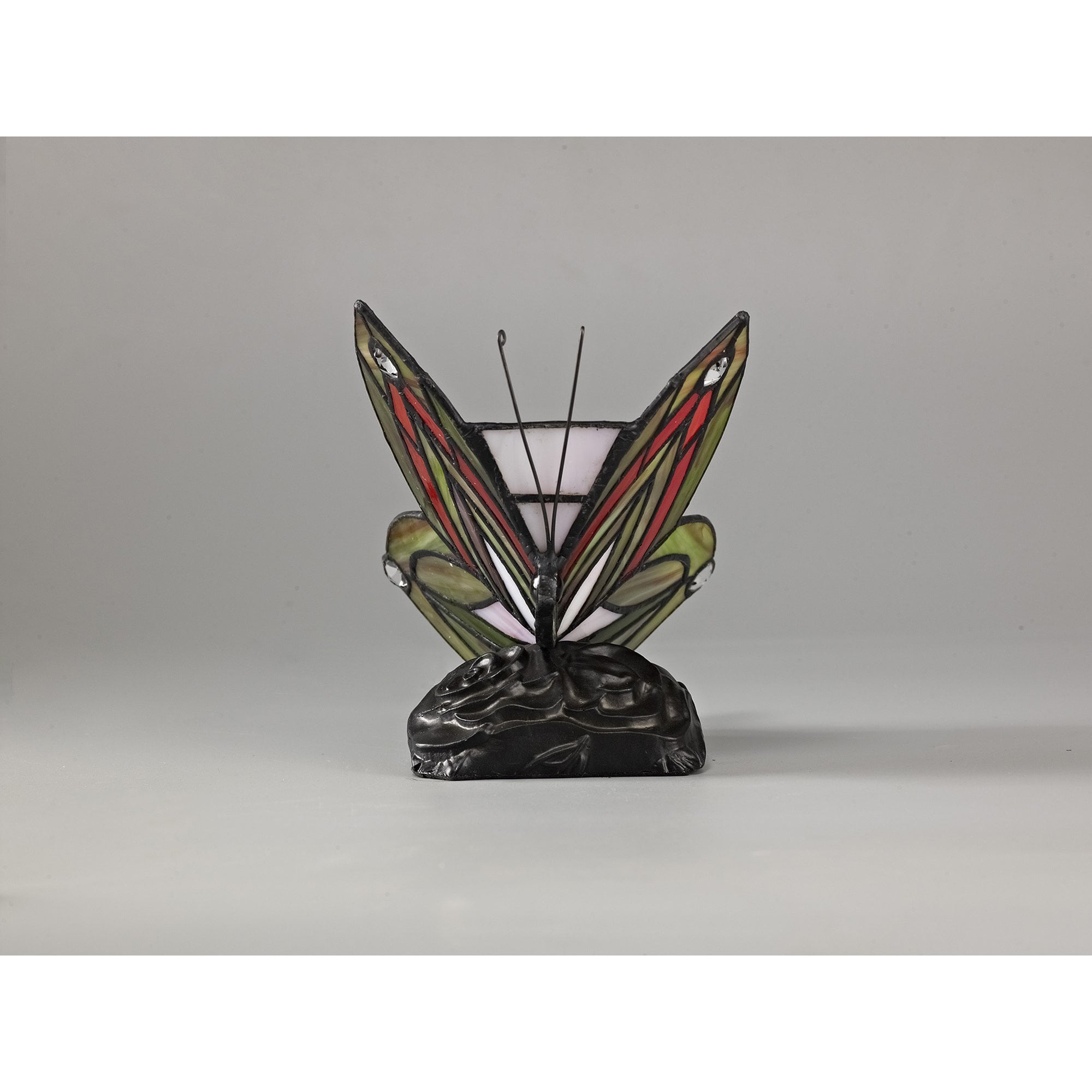 NL72999 Monty Tiffany Butterfly Table Lamp 1 Light Black Base With Green/Red Glass With Clear Crystal