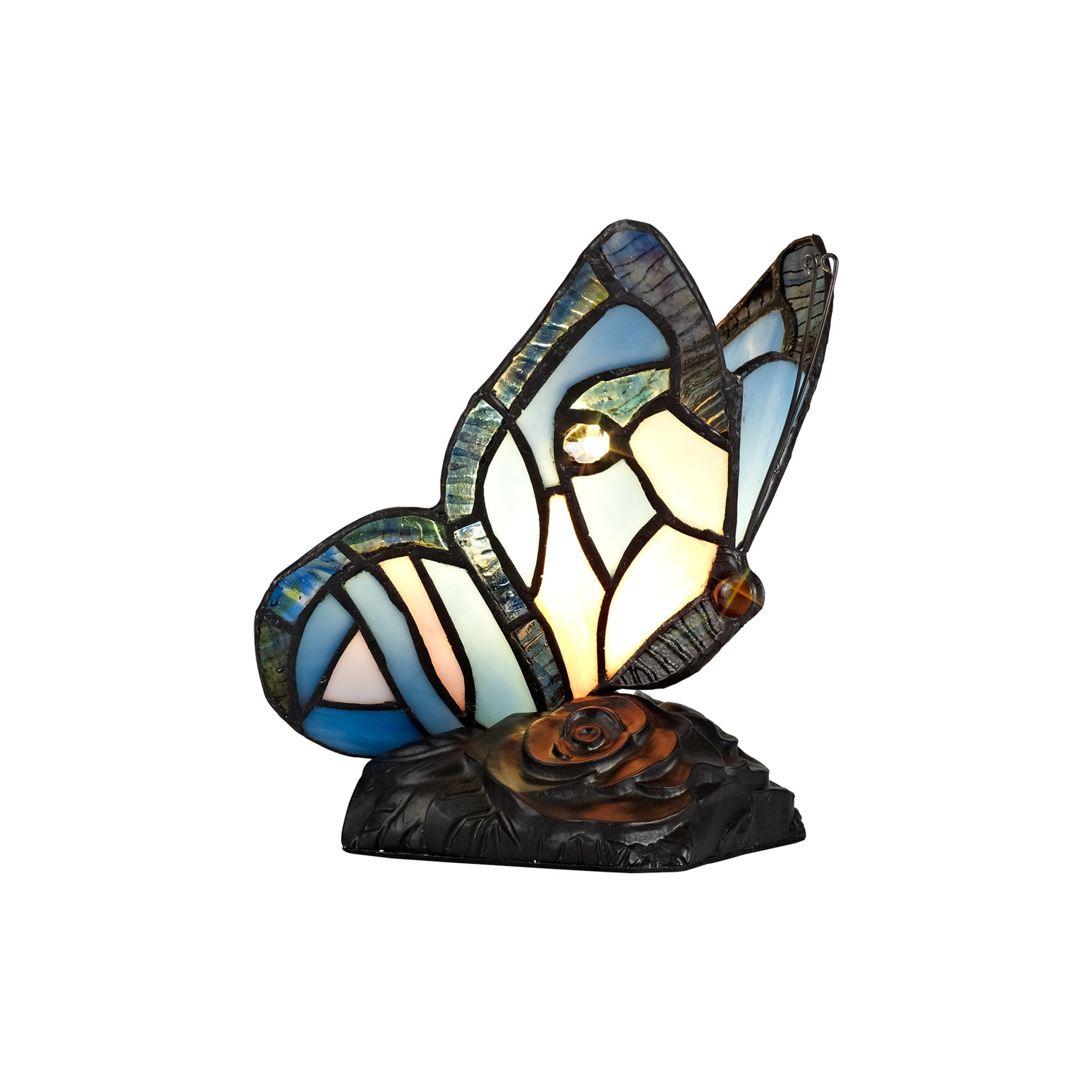 NL73009 Monty Tiffany Butterfly Table Lamp 1 Light Black Base With Blue/Pink Glass With Clear Crystal