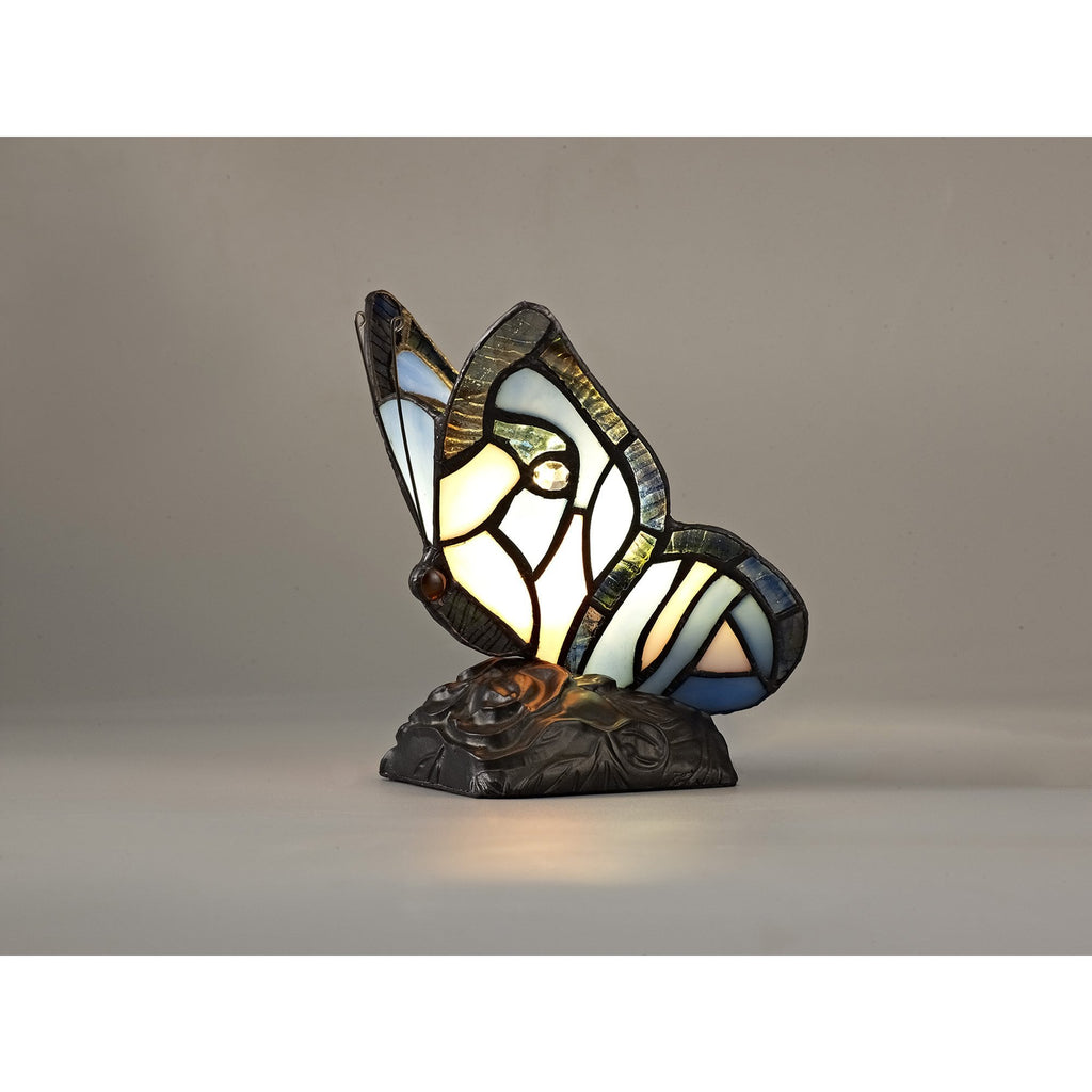 NL73009 Monty Tiffany Butterfly Table Lamp 1 Light Black Base With Blue/Pink Glass With Clear Crystal