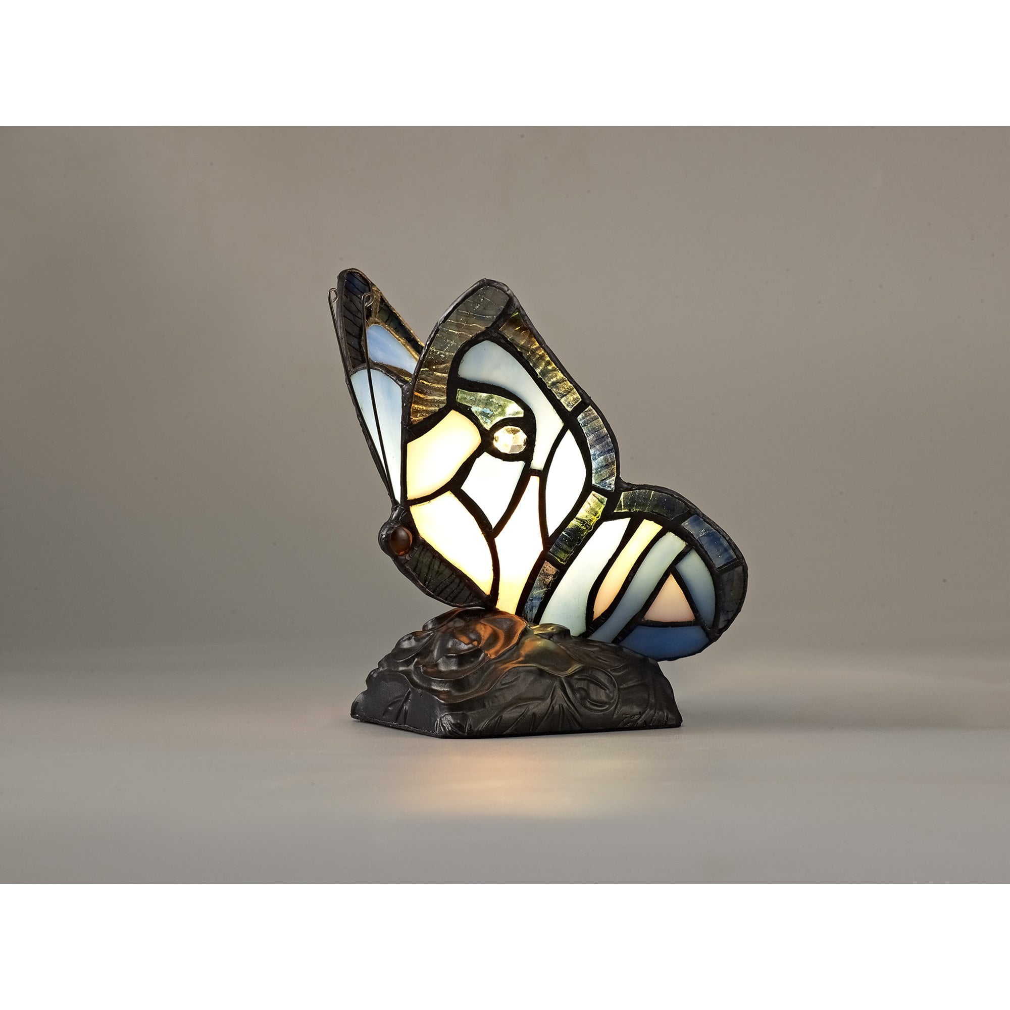 NL73009 Monty Tiffany Butterfly Table Lamp 1 Light Black Base With Blue/Pink Glass With Clear Crystal