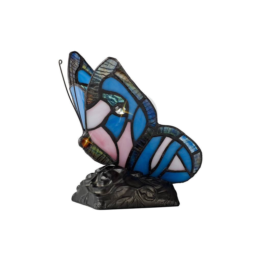 NL73009 Monty Tiffany Butterfly Table Lamp 1 Light Black Base With Blue/Pink Glass With Clear Crystal