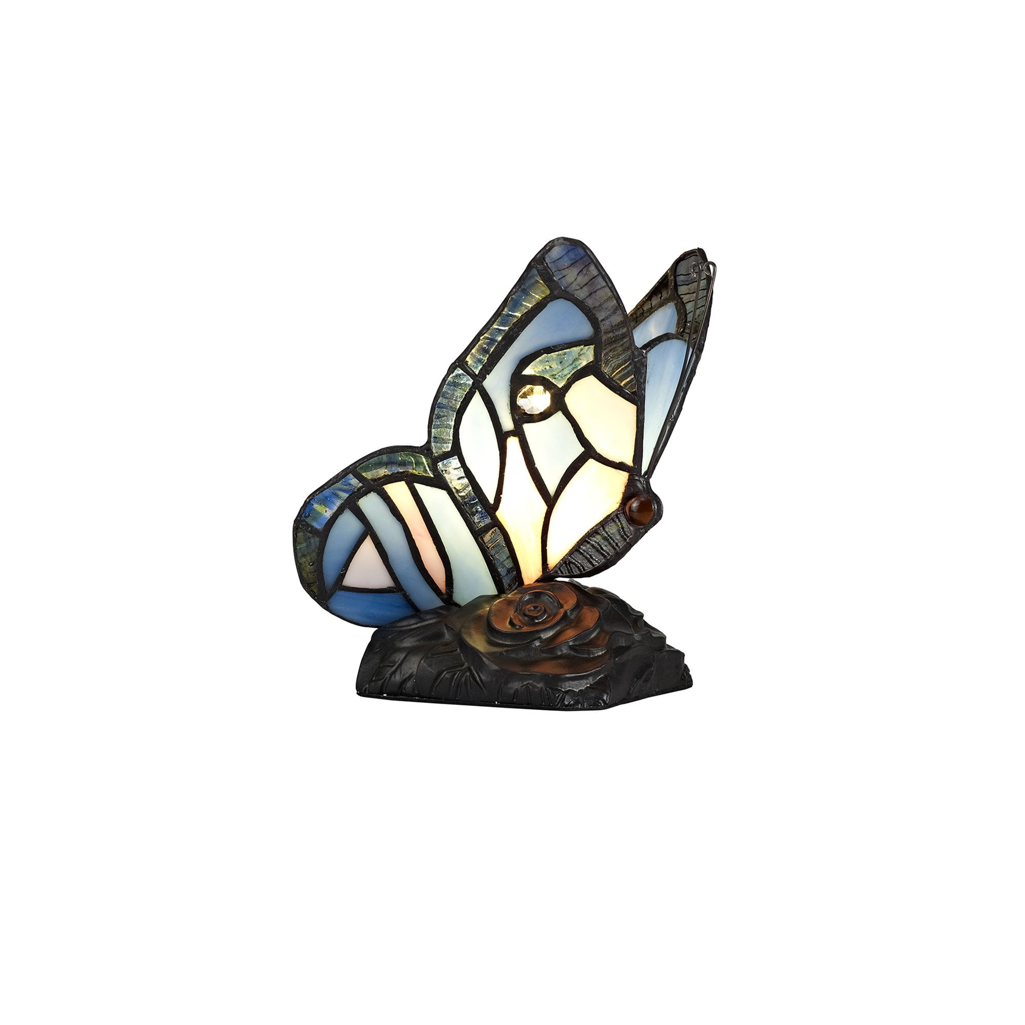 NL73009 Monty Tiffany Butterfly Table Lamp 1 Light Black Base With Blue/Pink Glass With Clear Crystal