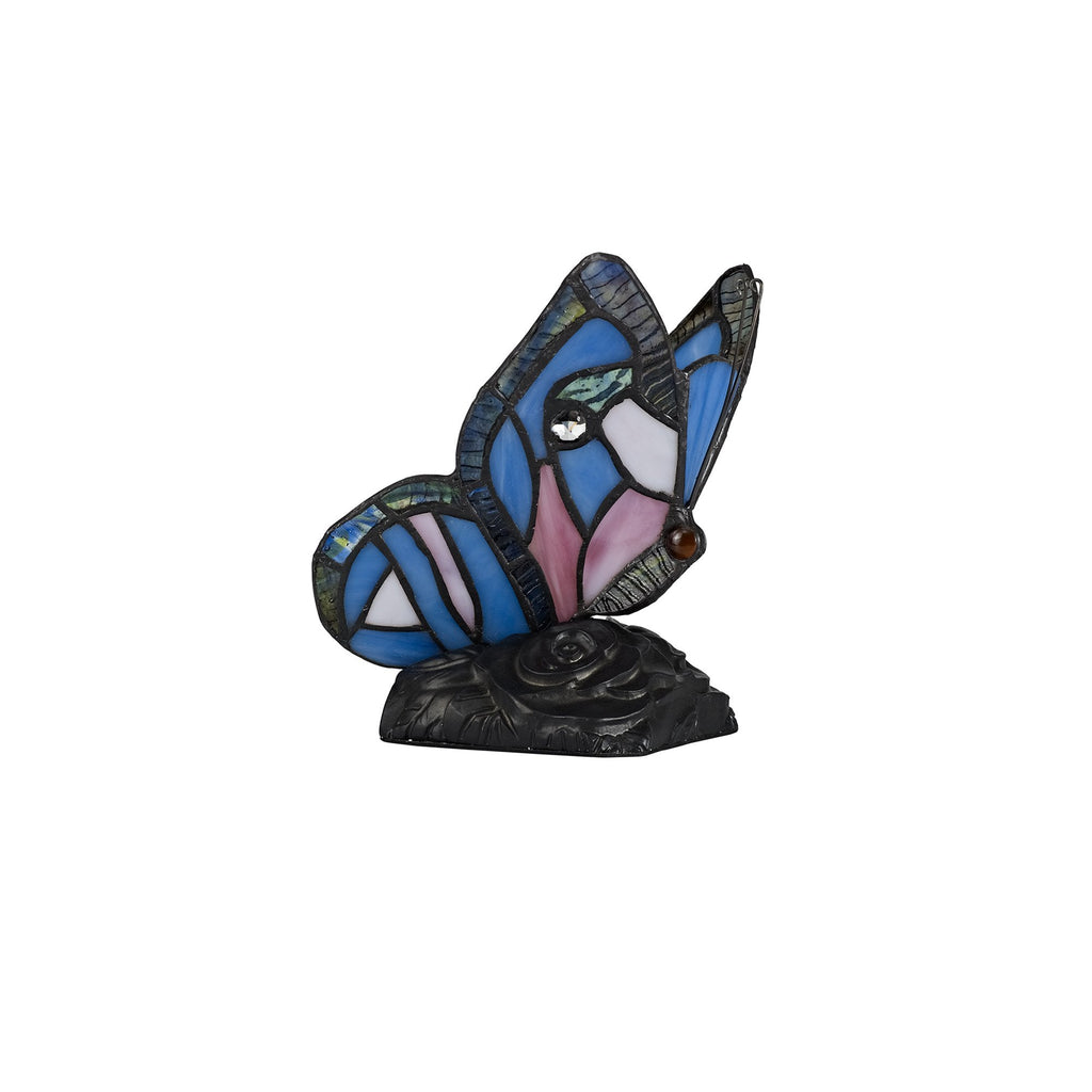 NL73009 Monty Tiffany Butterfly Table Lamp 1 Light Black Base With Blue/Pink Glass With Clear Crystal