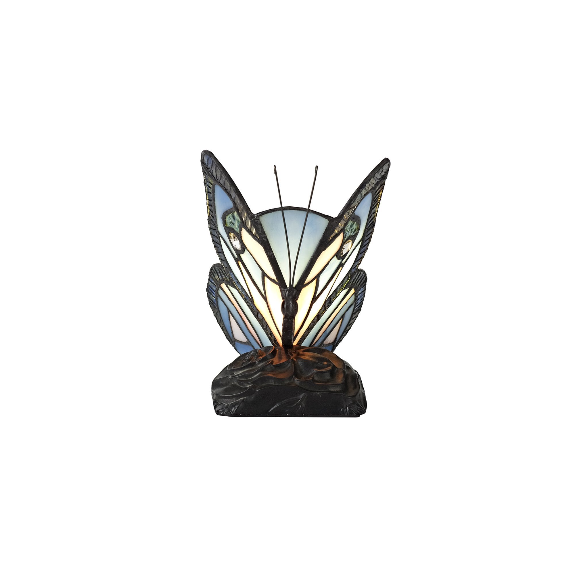 NL73009 Monty Tiffany Butterfly Table Lamp 1 Light Black Base With Blue/Pink Glass With Clear Crystal