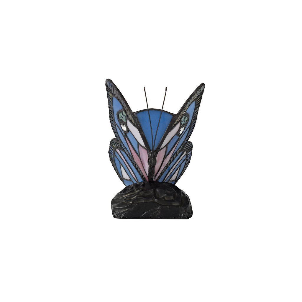NL73009 Monty Tiffany Butterfly Table Lamp 1 Light Black Base With Blue/Pink Glass With Clear Crystal