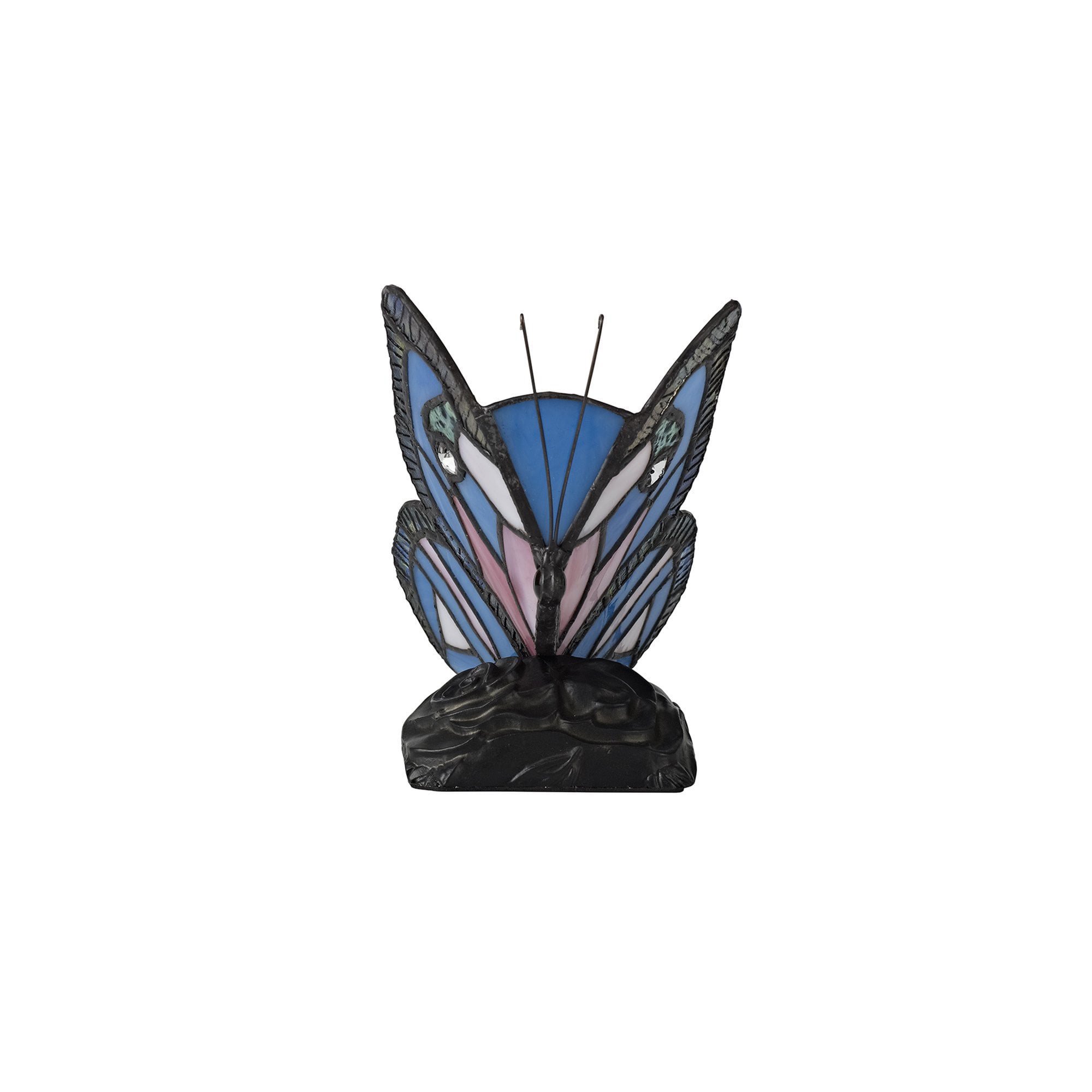 NL73009 Monty Tiffany Butterfly Table Lamp 1 Light Black Base With Blue/Pink Glass With Clear Crystal
