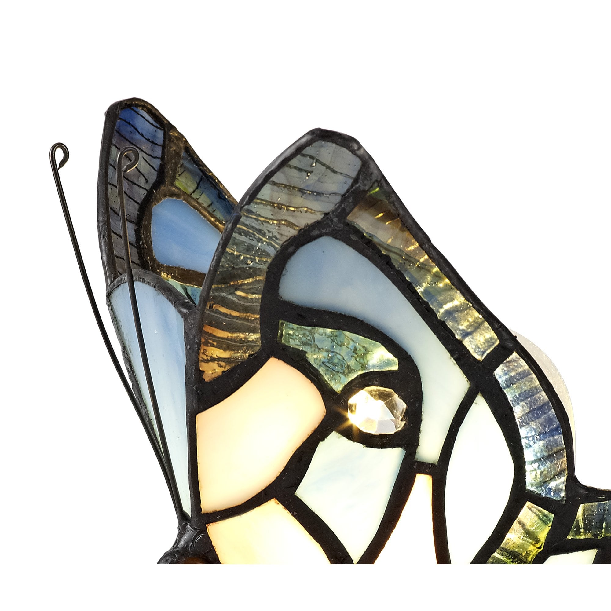 NL73009 Monty Tiffany Butterfly Table Lamp 1 Light Black Base With Blue/Pink Glass With Clear Crystal