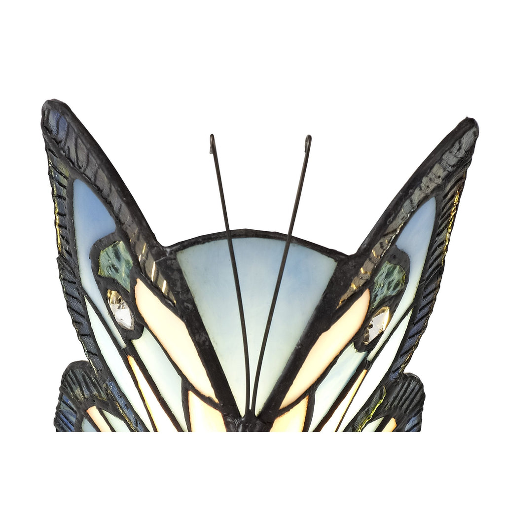 NL73009 Monty Tiffany Butterfly Table Lamp 1 Light Black Base With Blue/Pink Glass With Clear Crystal