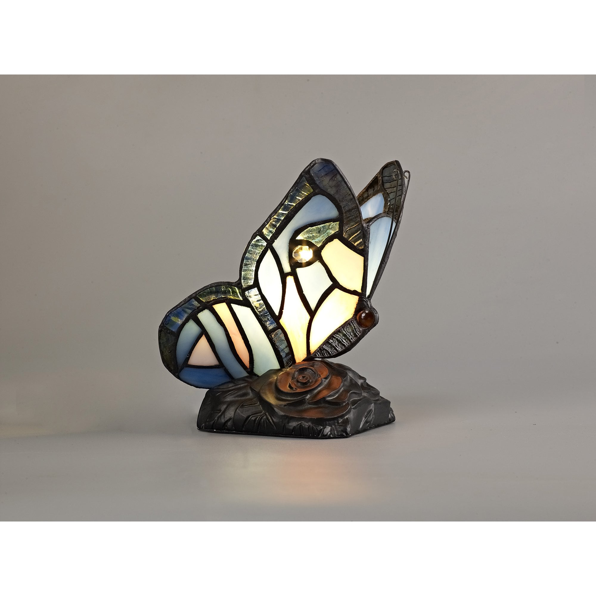 NL73009 Monty Tiffany Butterfly Table Lamp 1 Light Black Base With Blue/Pink Glass With Clear Crystal