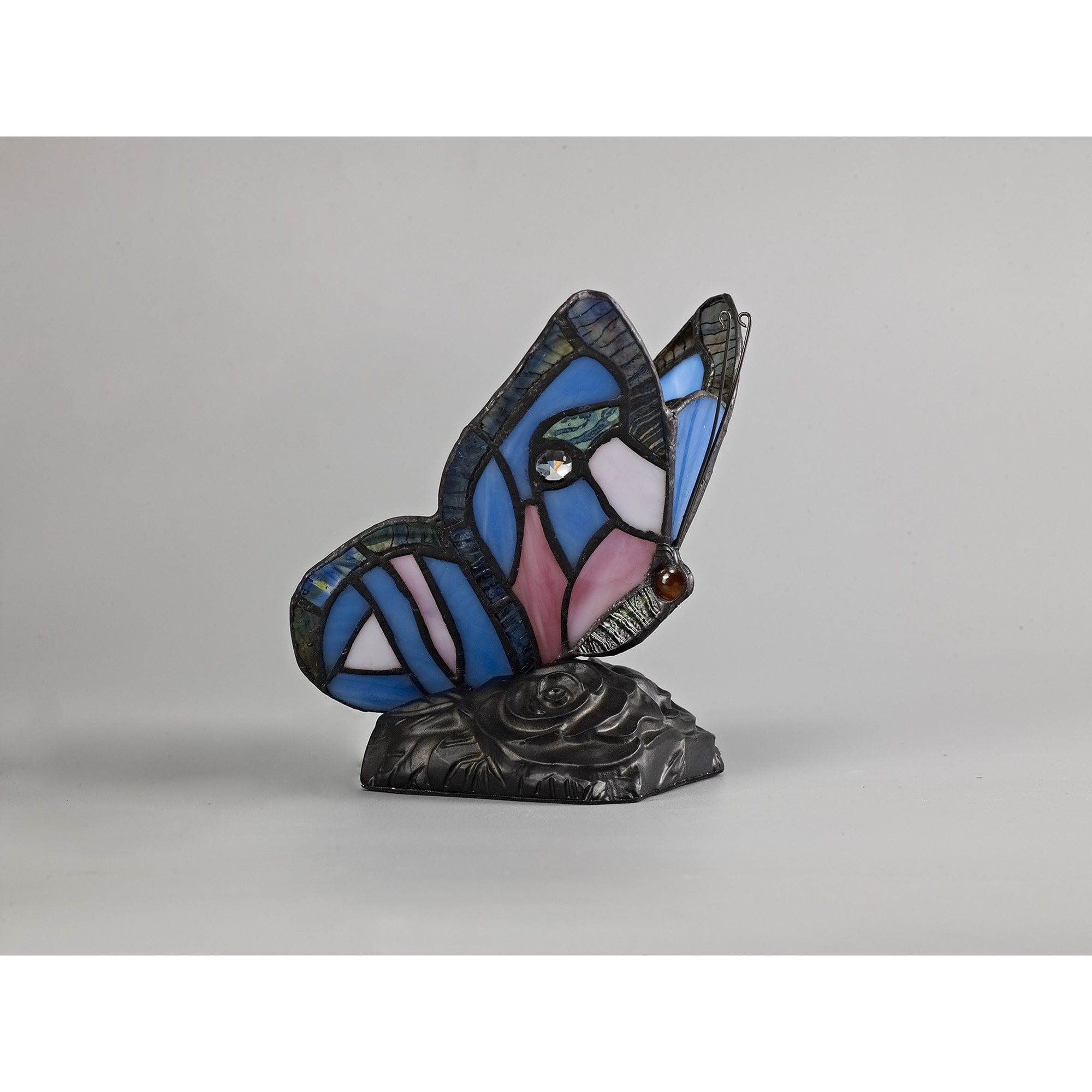 NL73009 Monty Tiffany Butterfly Table Lamp 1 Light Black Base With Blue/Pink Glass With Clear Crystal