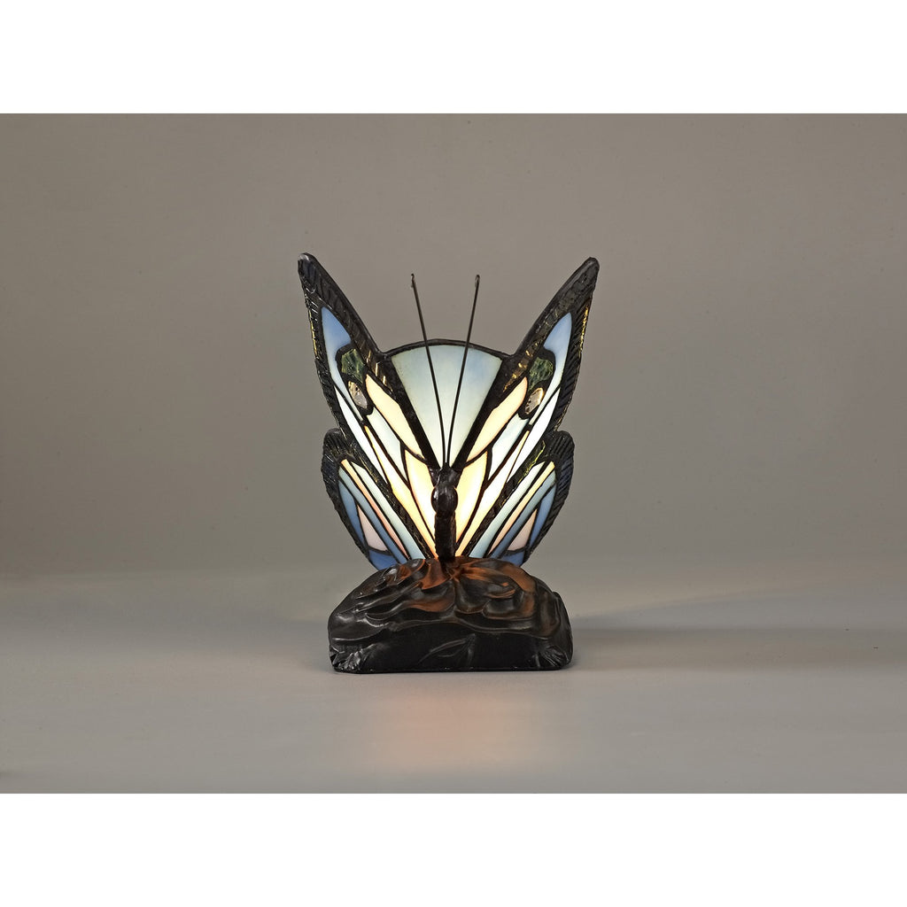 NL73009 Monty Tiffany Butterfly Table Lamp 1 Light Black Base With Blue/Pink Glass With Clear Crystal