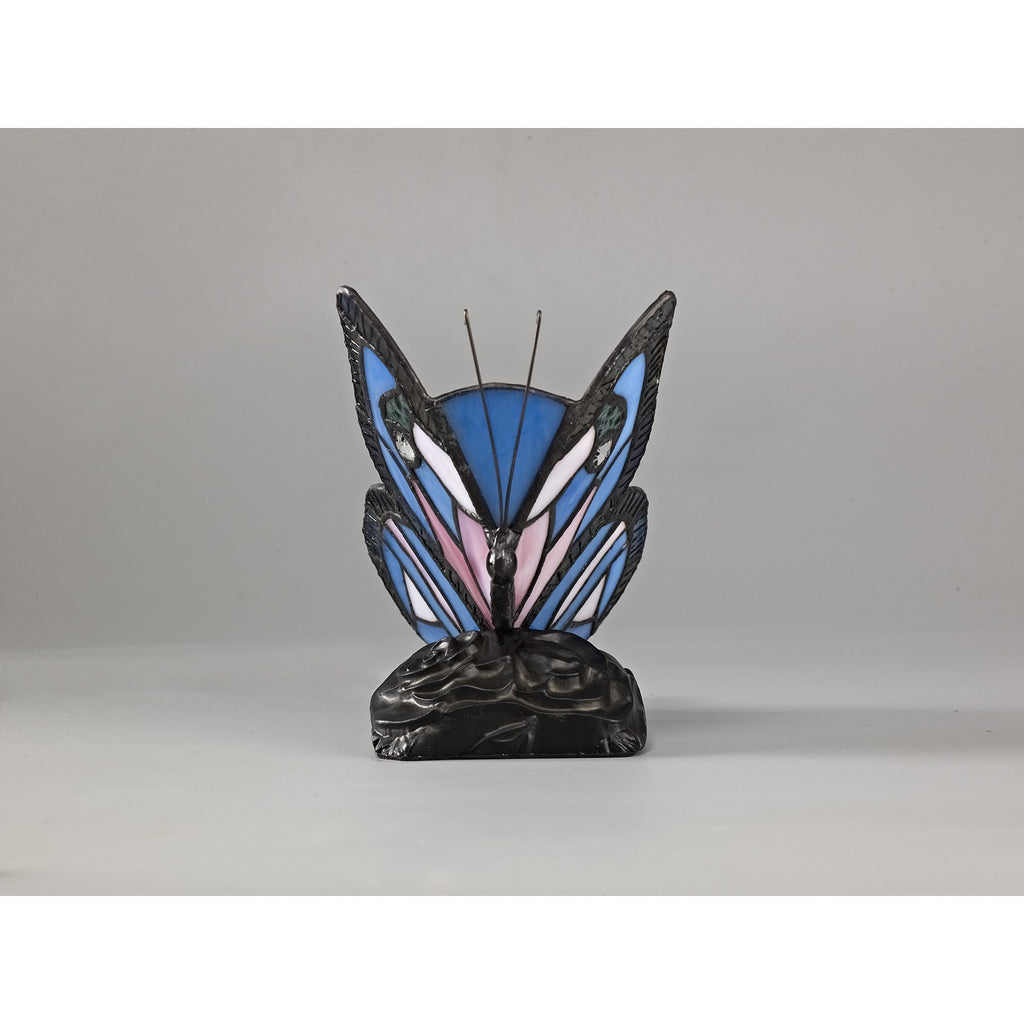 NL73009 Monty Tiffany Butterfly Table Lamp 1 Light Black Base With Blue/Pink Glass With Clear Crystal