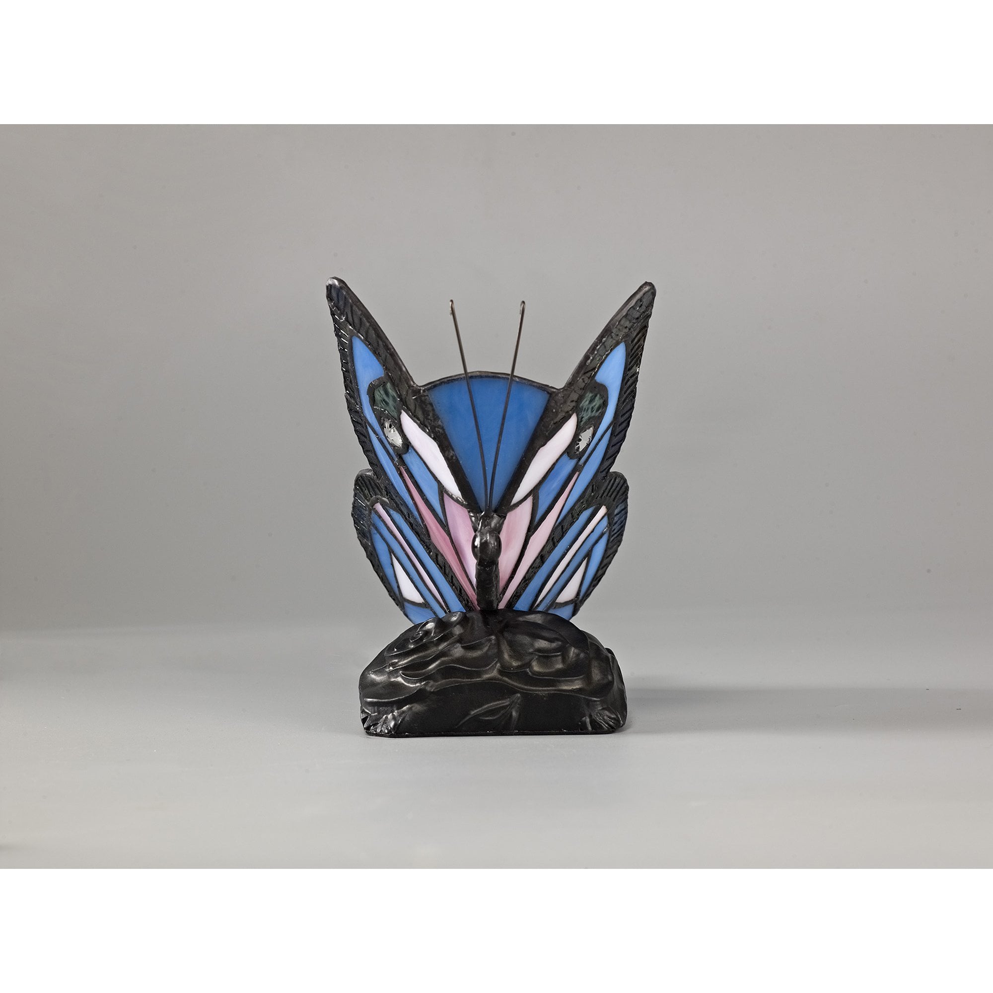 NL73009 Monty Tiffany Butterfly Table Lamp 1 Light Black Base With Blue/Pink Glass With Clear Crystal