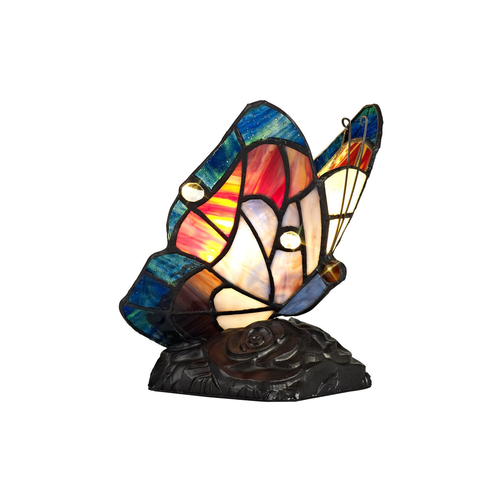 NL73019 Monty Tiffany Butterfly Table Lamp 1 Light Black Base With Blue/Brown Glass With Clear Crystal