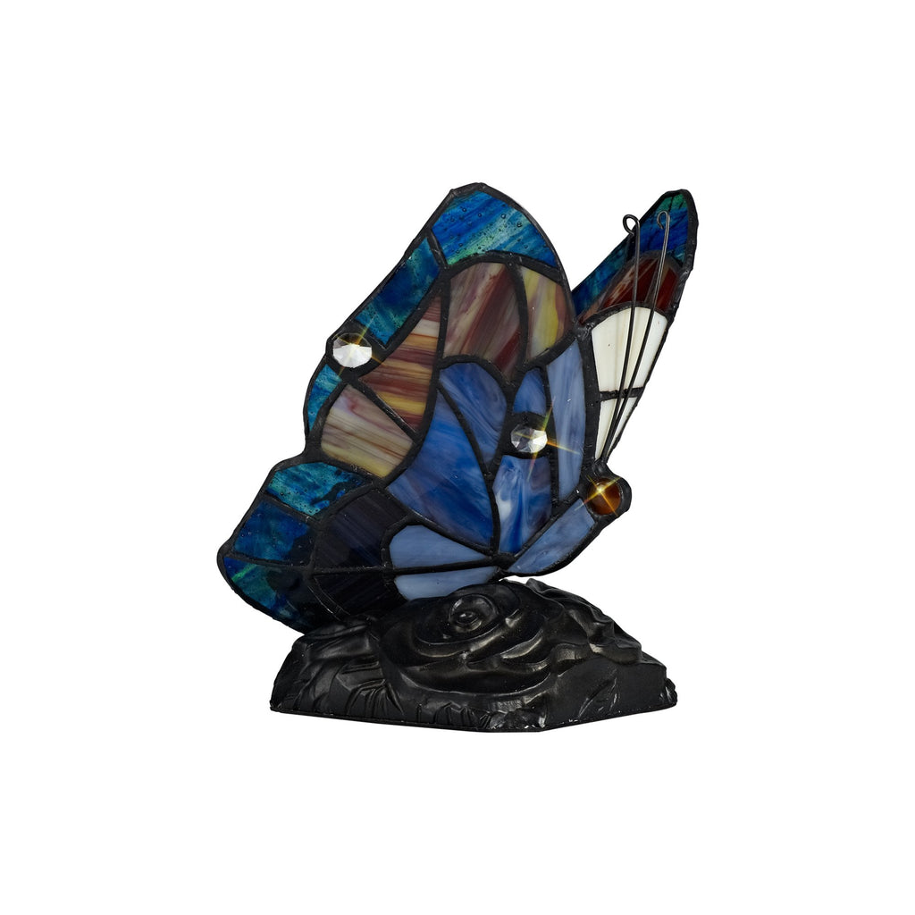 NL73019 Monty Tiffany Butterfly Table Lamp 1 Light Black Base With Blue/Brown Glass With Clear Crystal