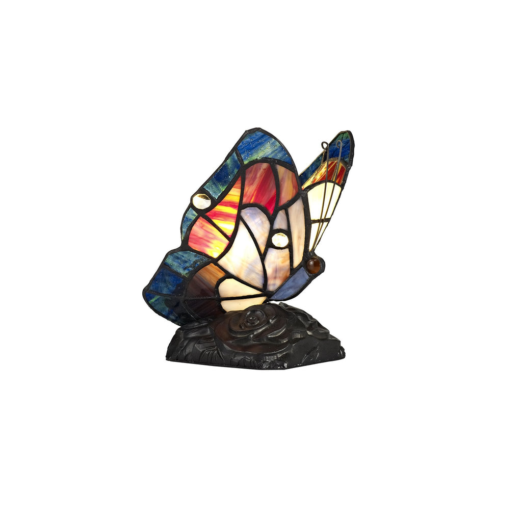 NL73019 Monty Tiffany Butterfly Table Lamp 1 Light Black Base With Blue/Brown Glass With Clear Crystal