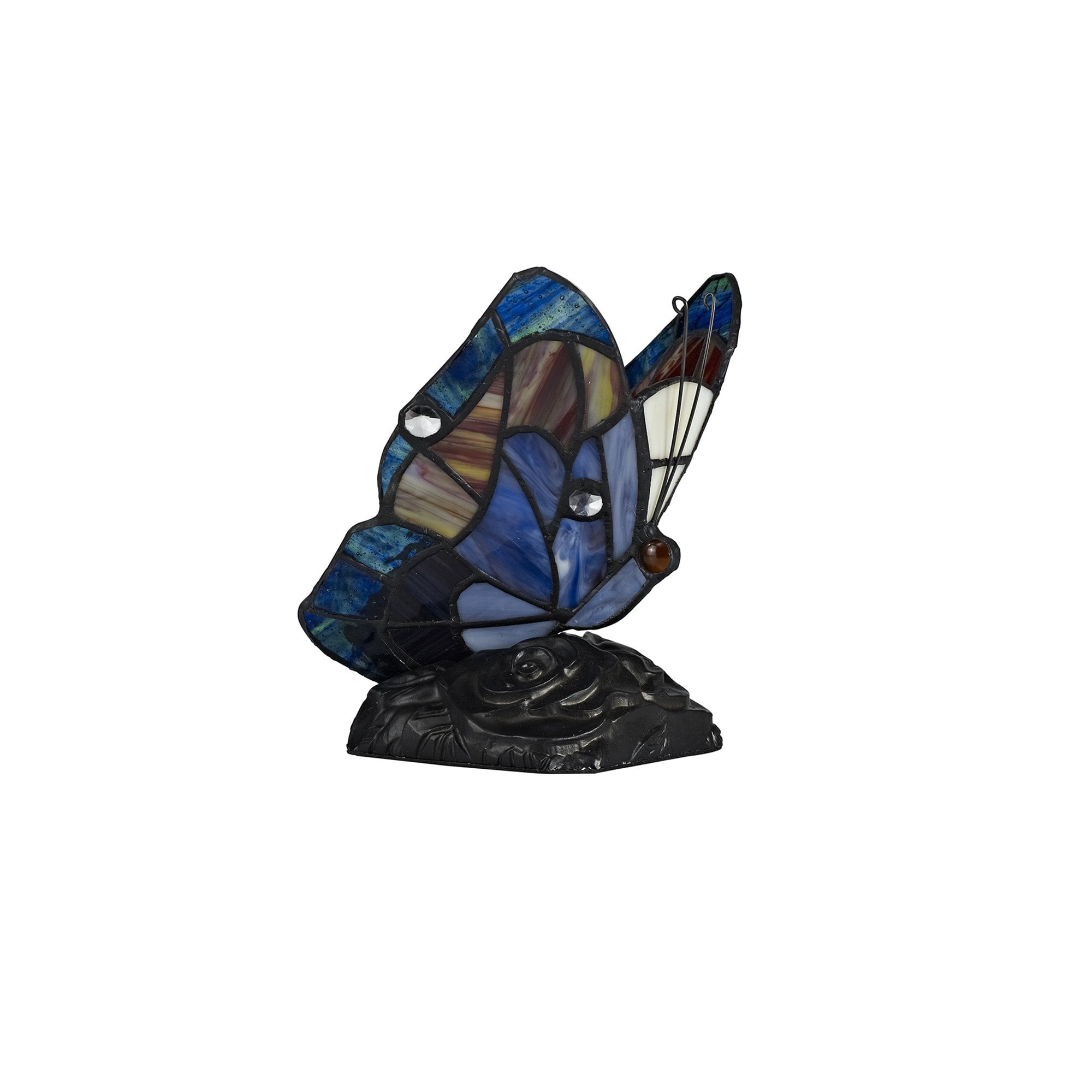 NL73019 Monty Tiffany Butterfly Table Lamp 1 Light Black Base With Blue/Brown Glass With Clear Crystal