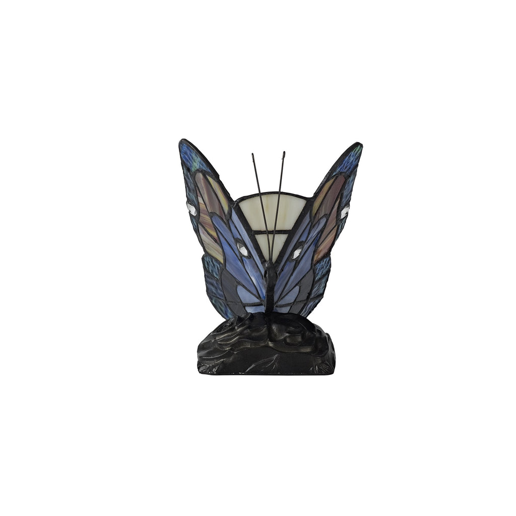 NL73019 Monty Tiffany Butterfly Table Lamp 1 Light Black Base With Blue/Brown Glass With Clear Crystal