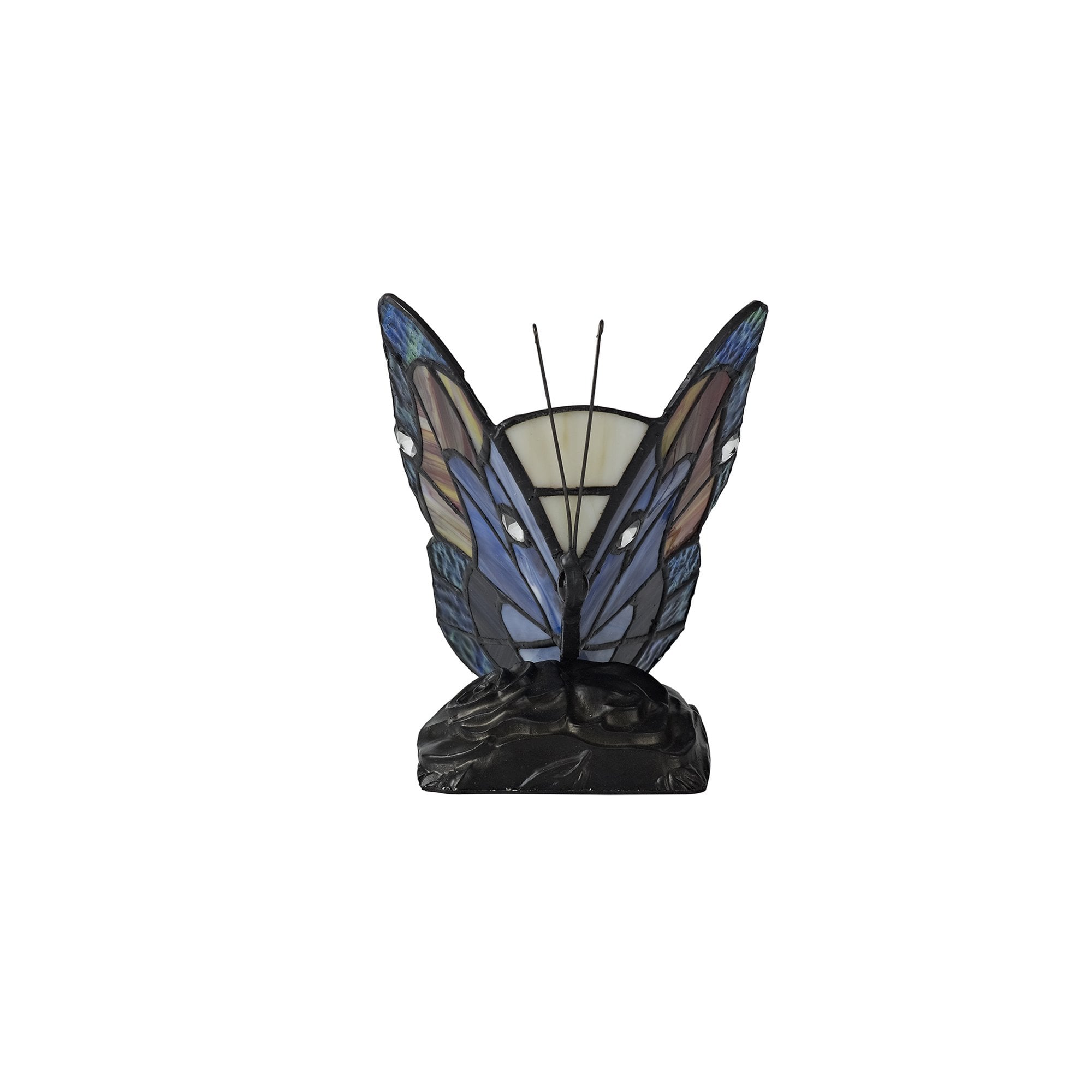 NL73019 Monty Tiffany Butterfly Table Lamp 1 Light Black Base With Blue/Brown Glass With Clear Crystal
