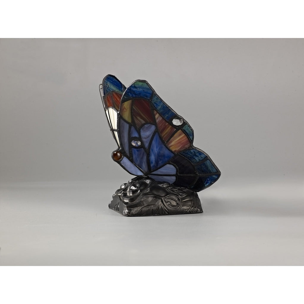 NL73019 Monty Tiffany Butterfly Table Lamp 1 Light Black Base With Blue/Brown Glass With Clear Crystal