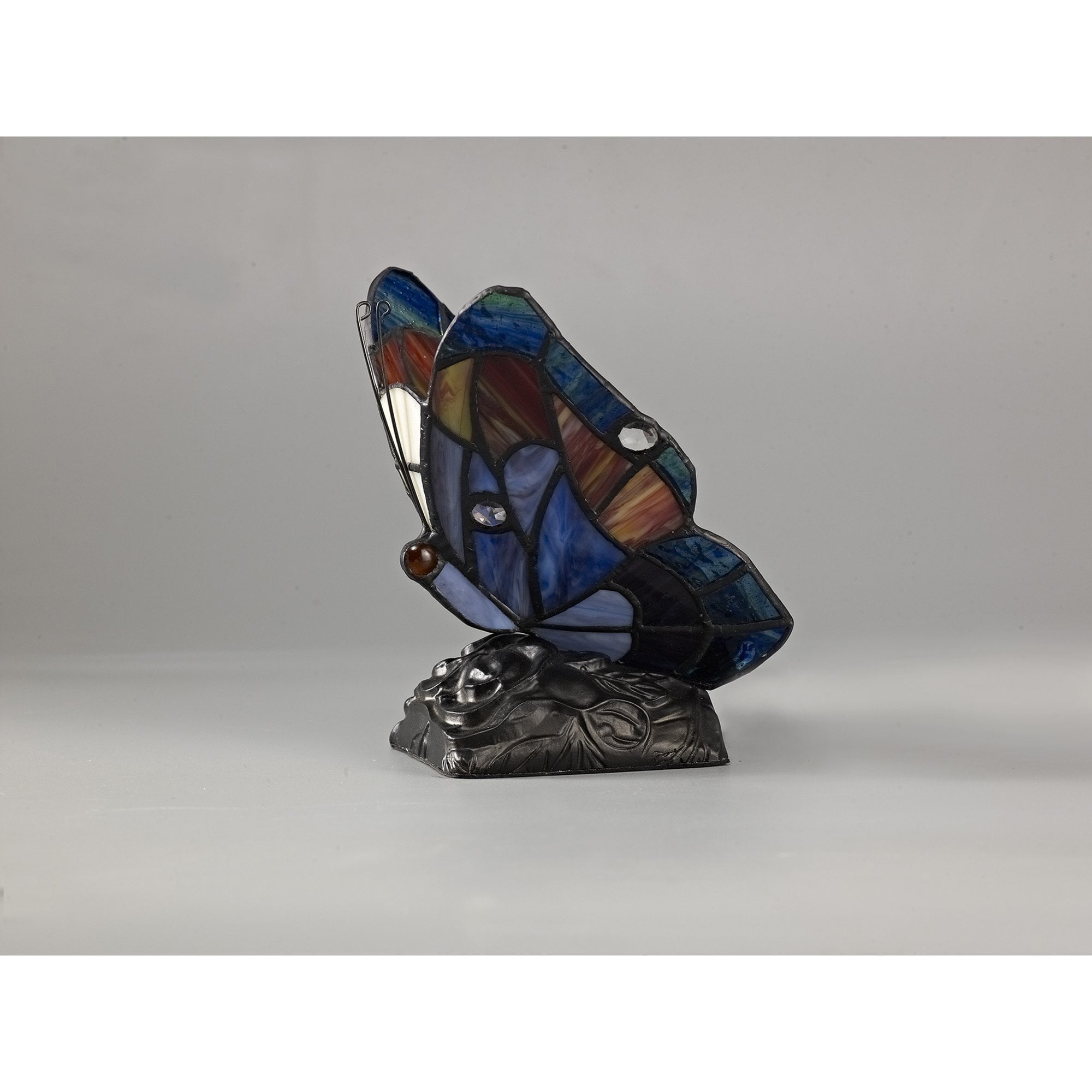NL73019 Monty Tiffany Butterfly Table Lamp 1 Light Black Base With Blue/Brown Glass With Clear Crystal
