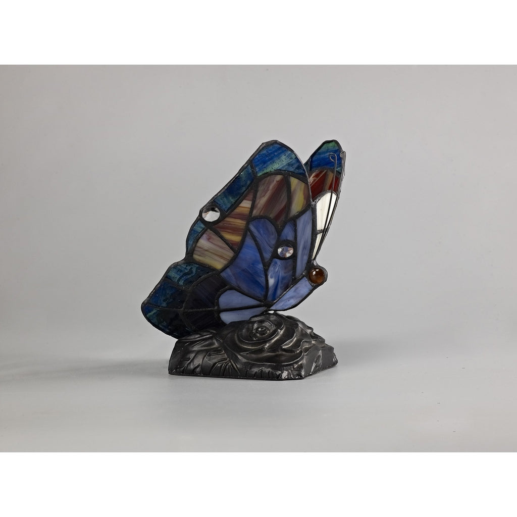 NL73019 Monty Tiffany Butterfly Table Lamp 1 Light Black Base With Blue/Brown Glass With Clear Crystal