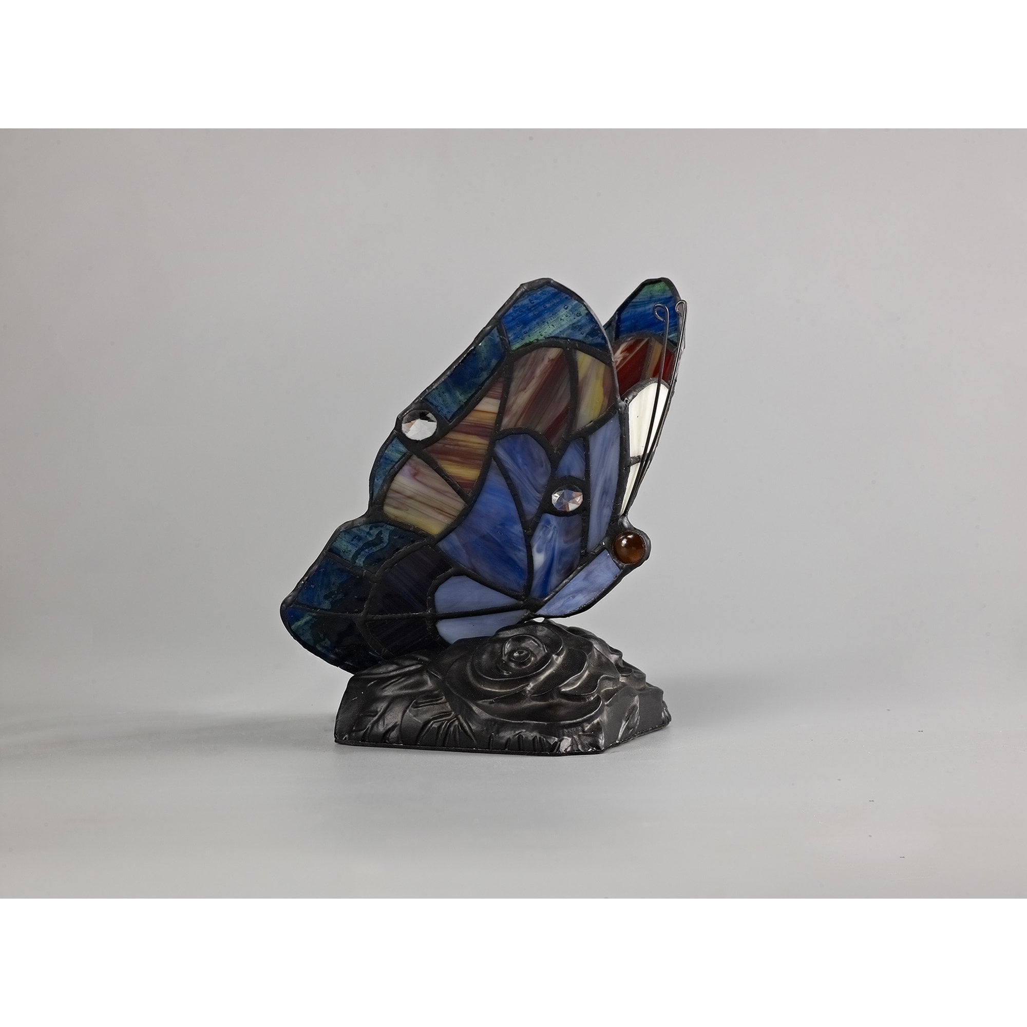 NL73019 Monty Tiffany Butterfly Table Lamp 1 Light Black Base With Blue/Brown Glass With Clear Crystal