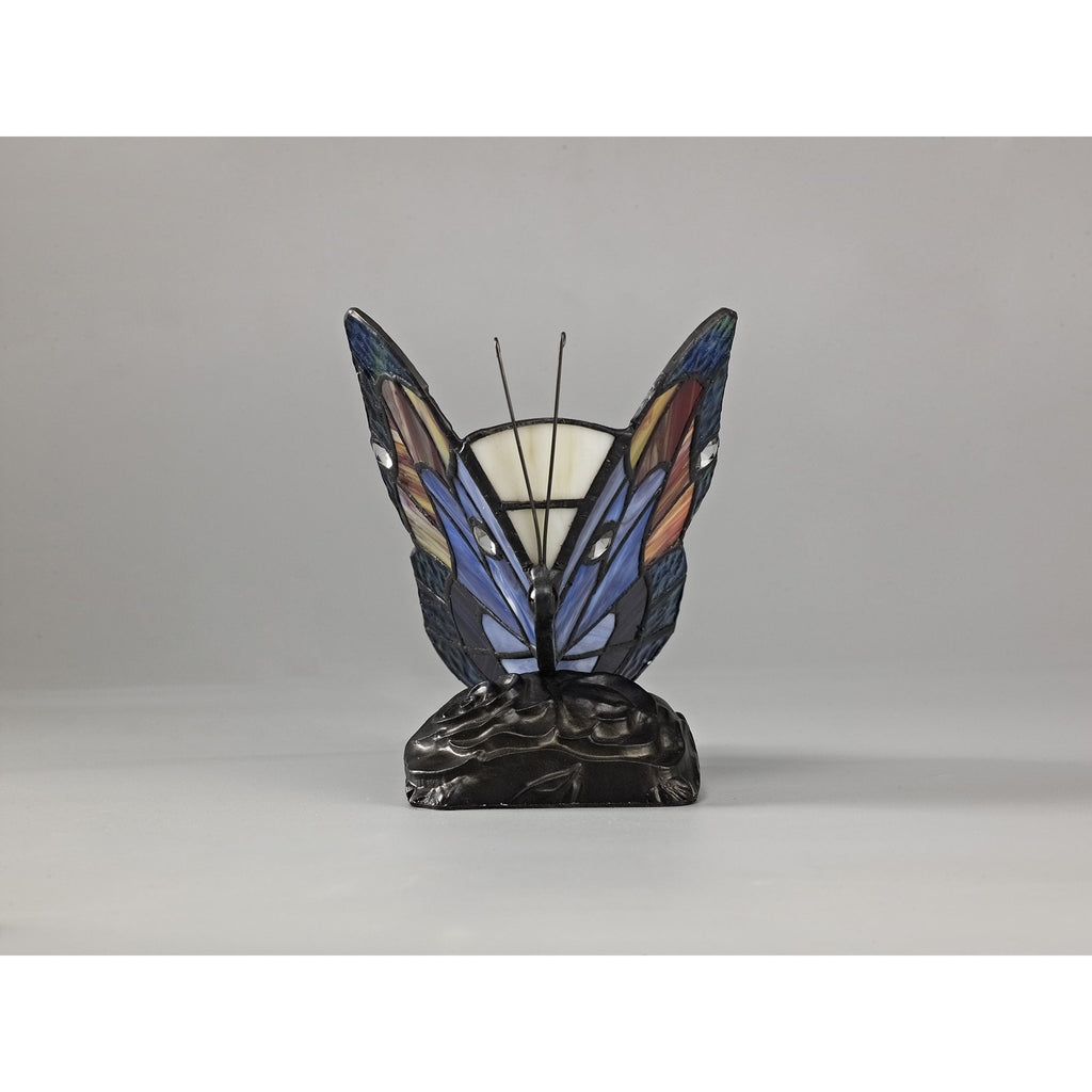 NL73019 Monty Tiffany Butterfly Table Lamp 1 Light Black Base With Blue/Brown Glass With Clear Crystal