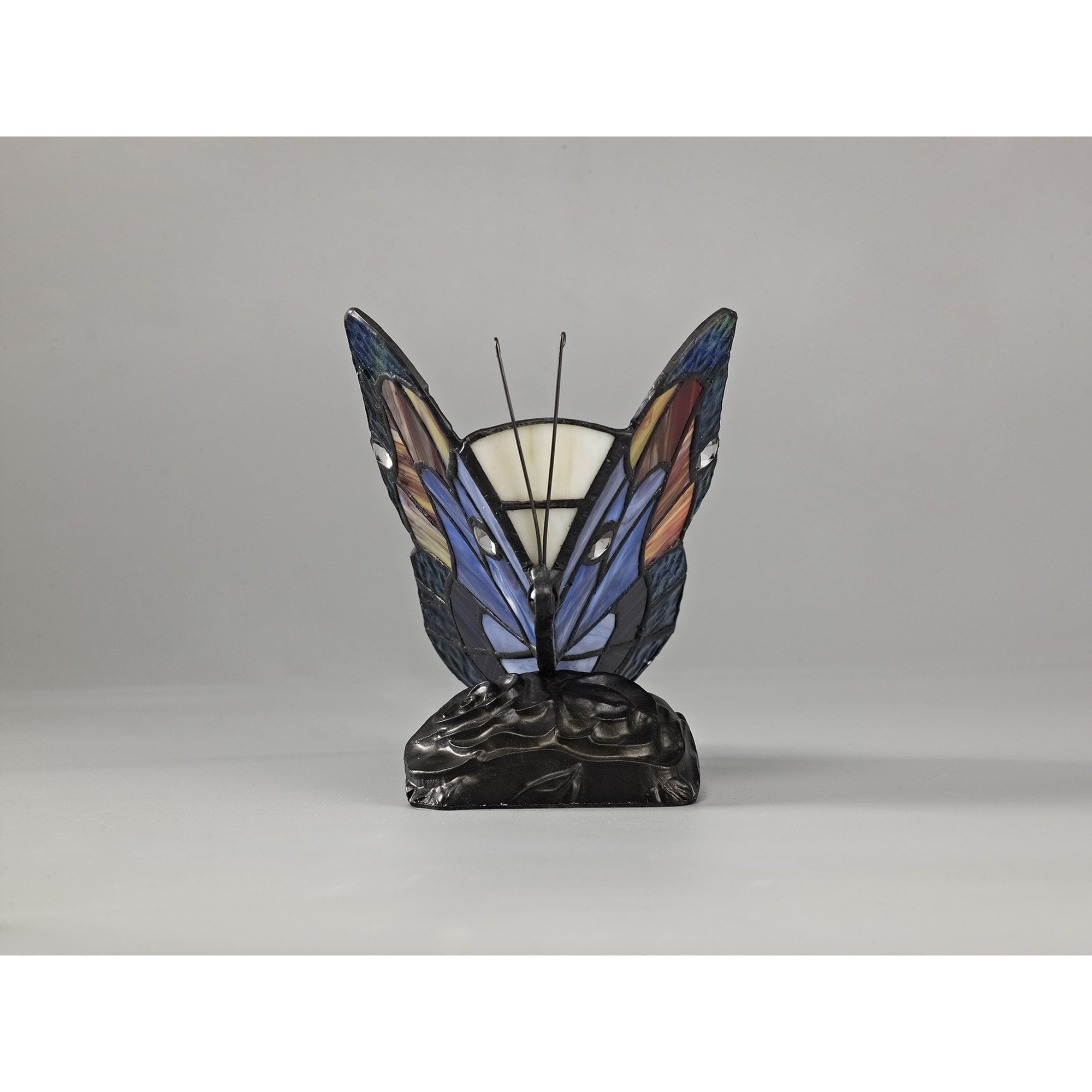 NL73019 Monty Tiffany Butterfly Table Lamp 1 Light Black Base With Blue/Brown Glass With Clear Crystal