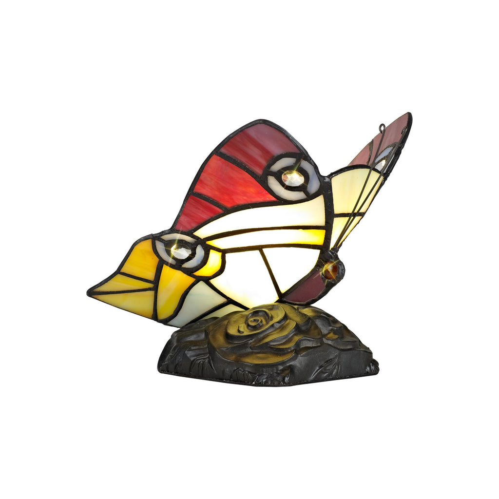 NL73029 Monty Tiffany Butterfly Table Lamp 1 Light Black Base With Red/Yellow/Blue Glass With Clear Crystal