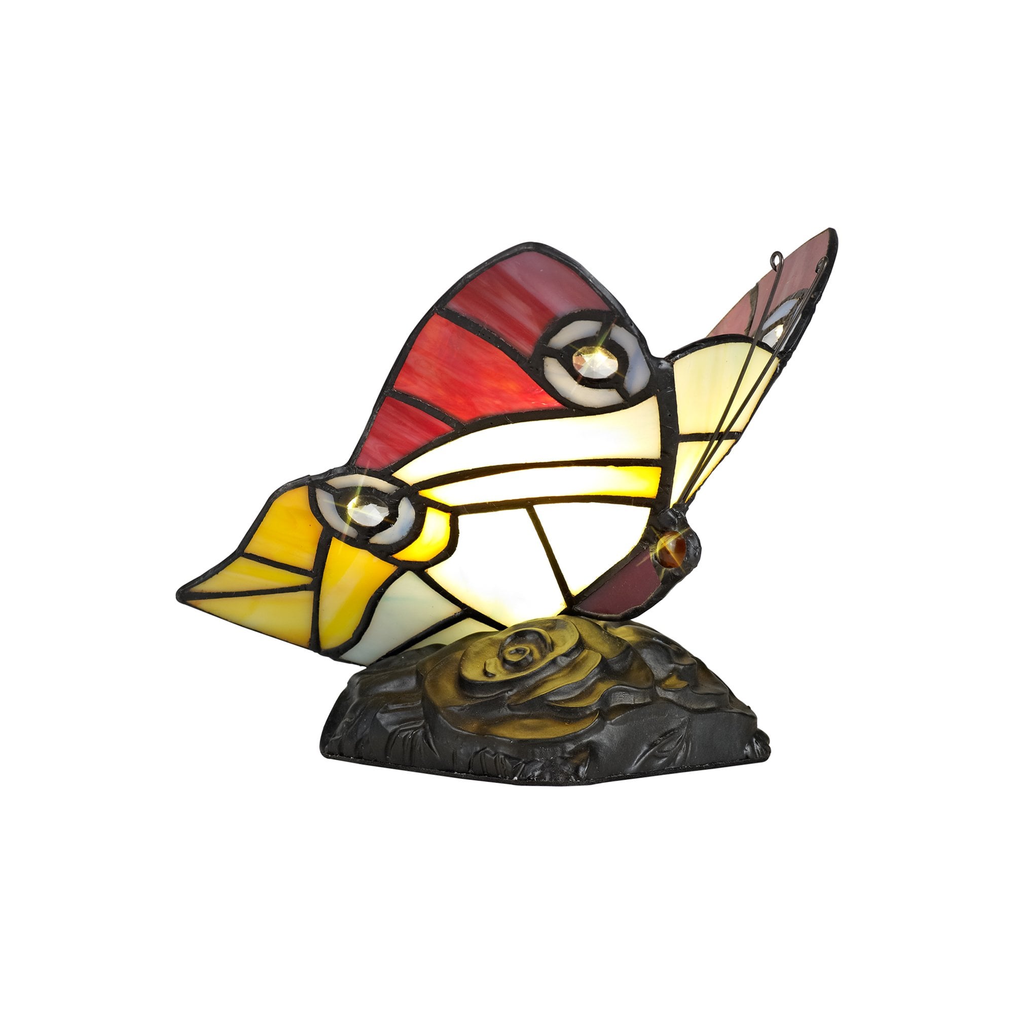 NL73029 Monty Tiffany Butterfly Table Lamp 1 Light Black Base With Red/Yellow/Blue Glass With Clear Crystal